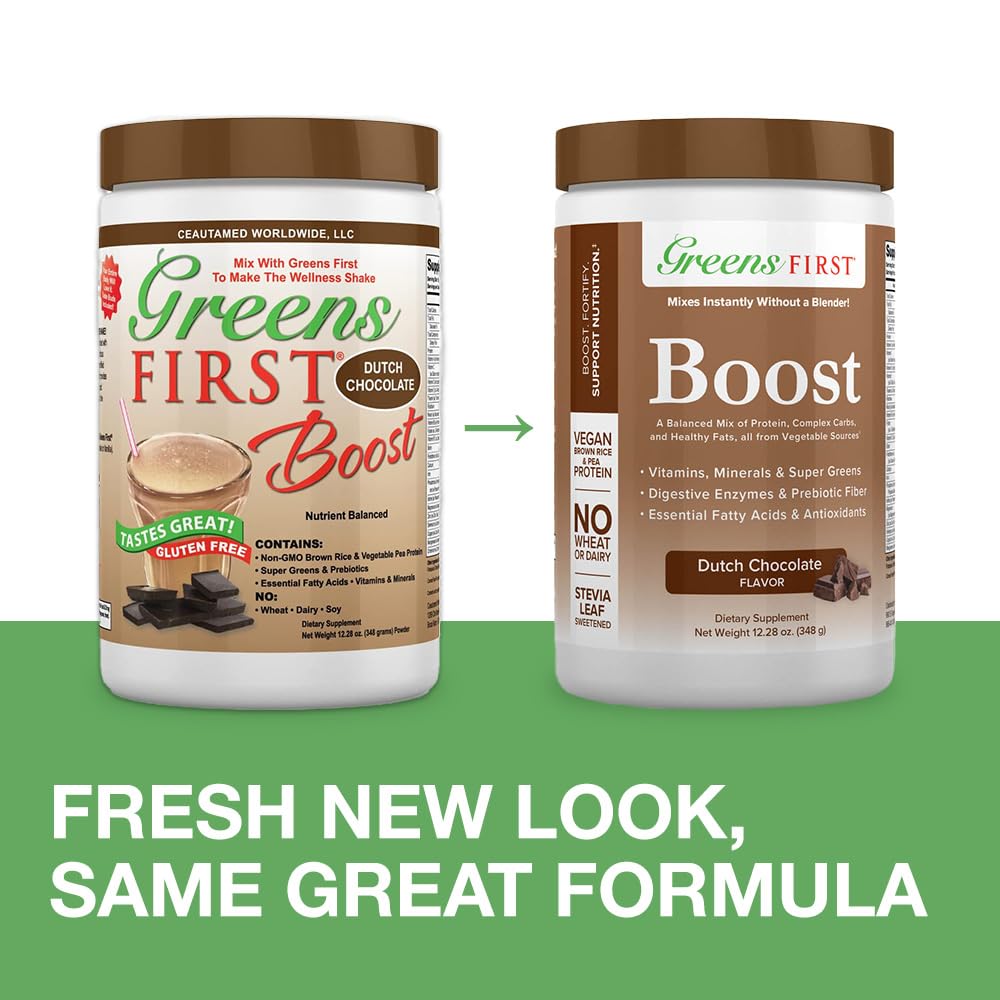 Greens First Boost - Plant-Based Protein & Balanced Nutrition - Superfood Shake Mix - No Wheat or Soy - Dairy-Free - Vegan - Dutch Chocolate, 12.28 oz.