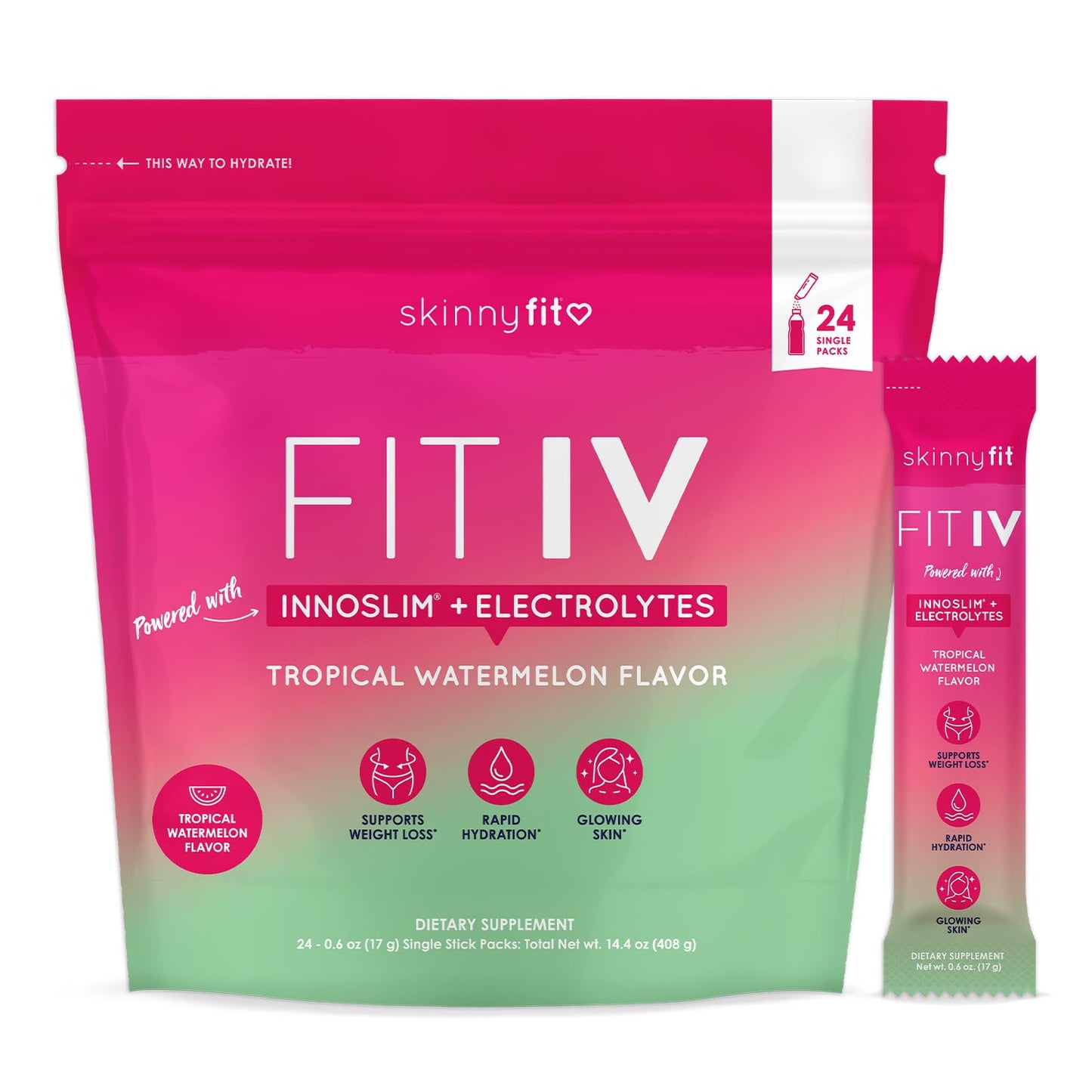 SkinnyFit FIT IV Hydrating Electrolytes Plus Weight Managing Innoslim, Vitamin B12 & Vitamin C, Rapid Hydration, Healthy Aging, 24 Servings