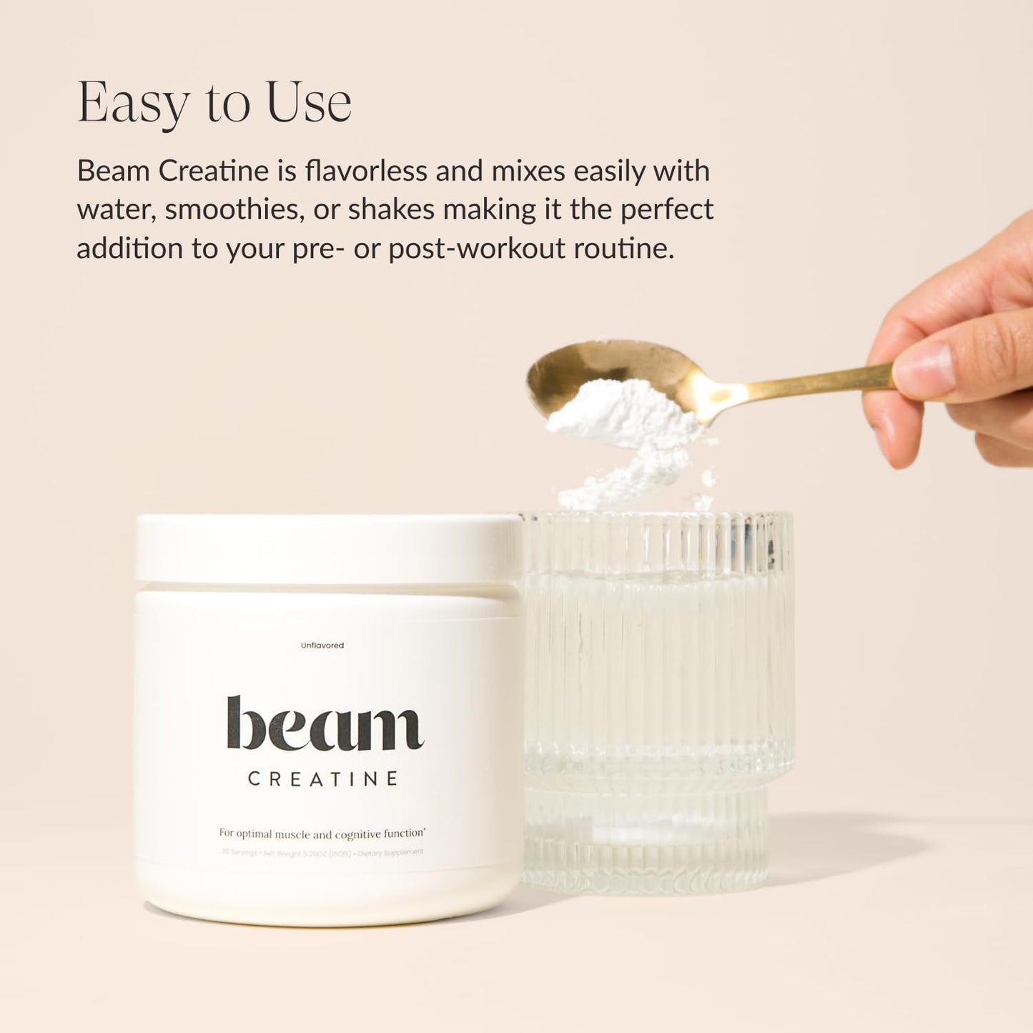 Beam Creatine Monohydrate Powder - Micronized Creatine for Muscle Growth, Strength, Endurance & Recovery - Unflavored, Fast-Dissolving, Workout Supplement for Men & Women, Keto & Vegan - 30 Servings