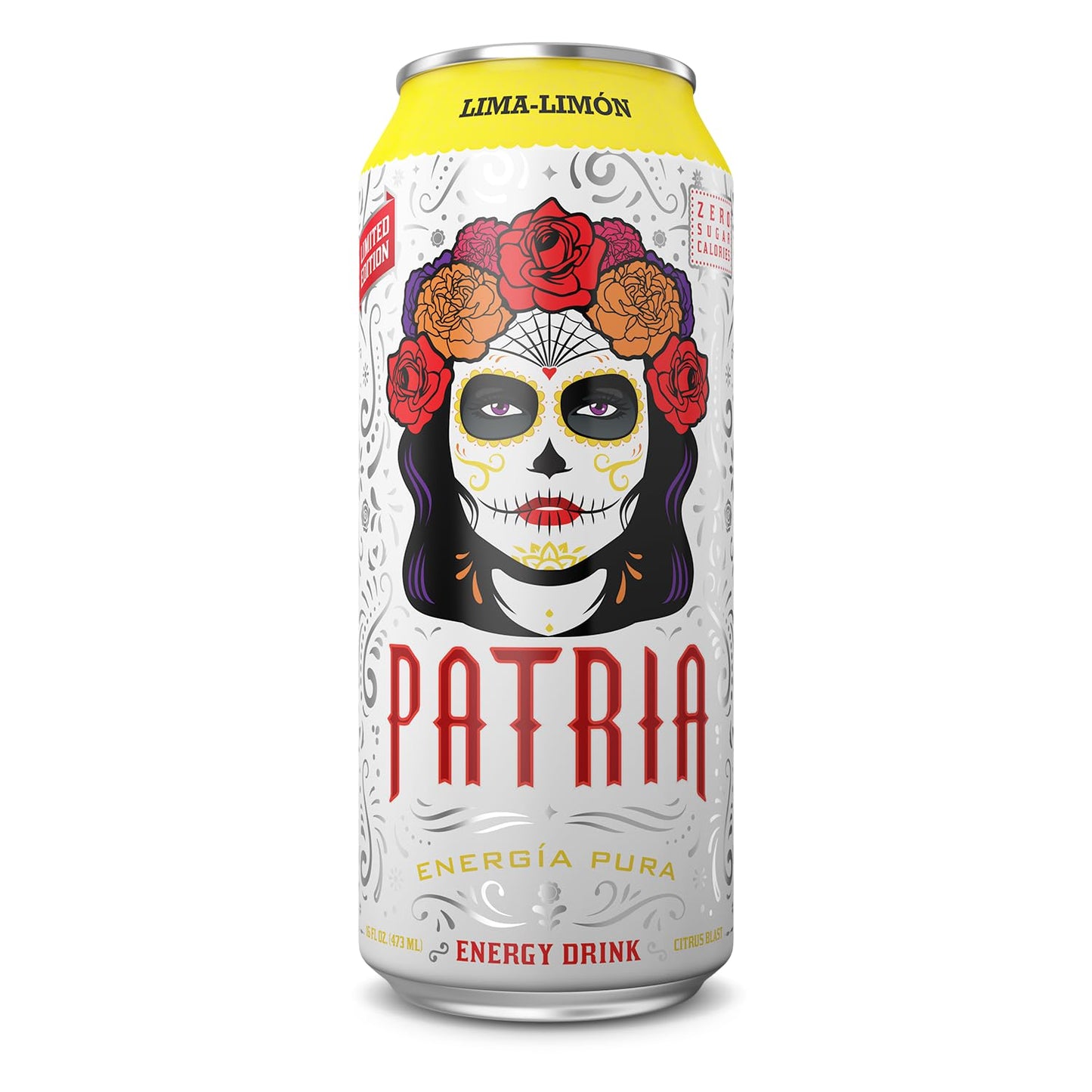 Patria Day of the Dead 16oz Sugar Free Energy Drink 200mg of Caffeine Natural Flavor Citrus Blast 12 pack