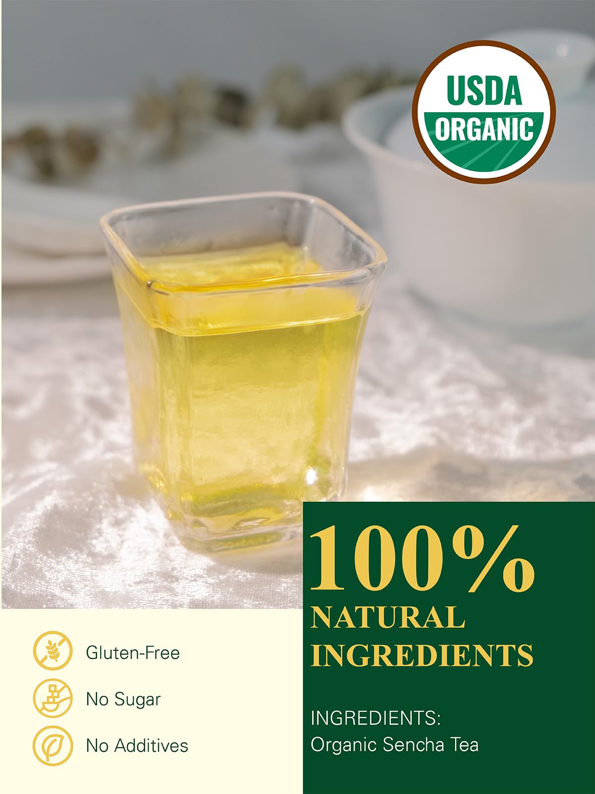 GLDNT Organic Sencha Tea Bags Natural Organic Sencha Green Tea Fresh Smooth Flavor Iced Hot Tea 100 Count