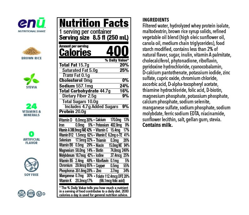 ENU Nutrition Shakes - 20g Protein | 400 Calories - Meal Replacement for Weight Gain (Vanilla, Pack of 24)
