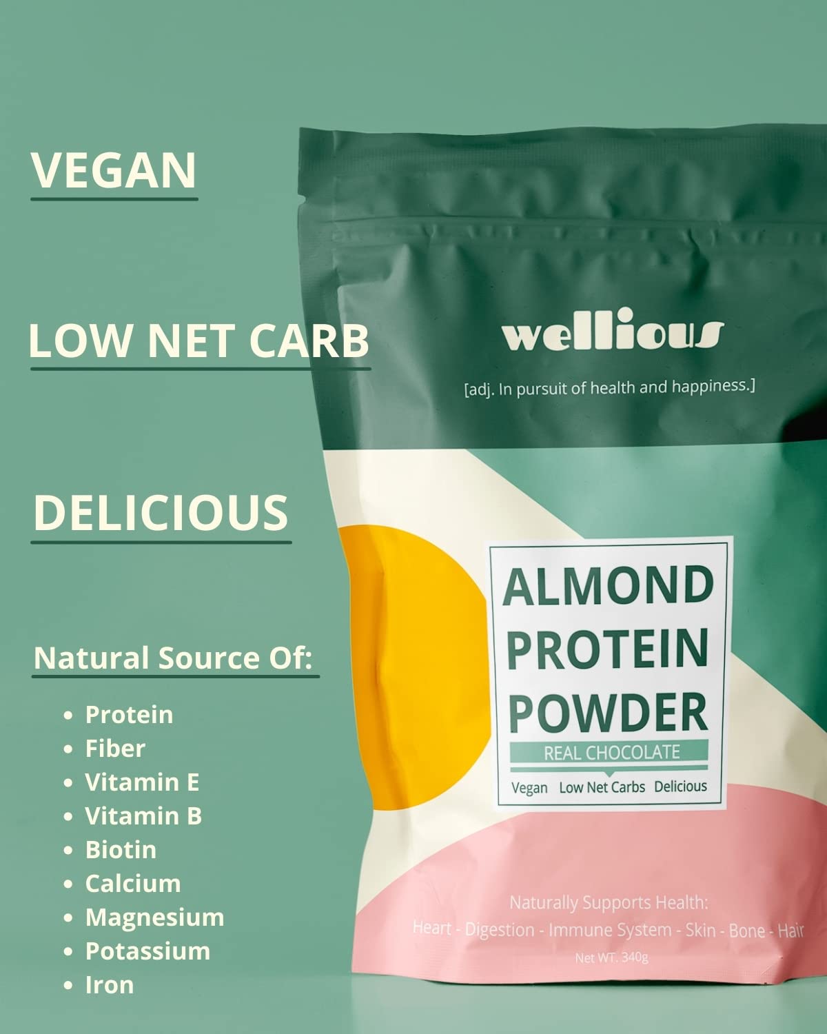 wellious Clean Vegan Protein Powder Chocolate - Plant Based Protein Powder Dairy Free for Gut Health, No Sodium, High Fiber, Keto Friendly, Non Dairy, Lactose Free