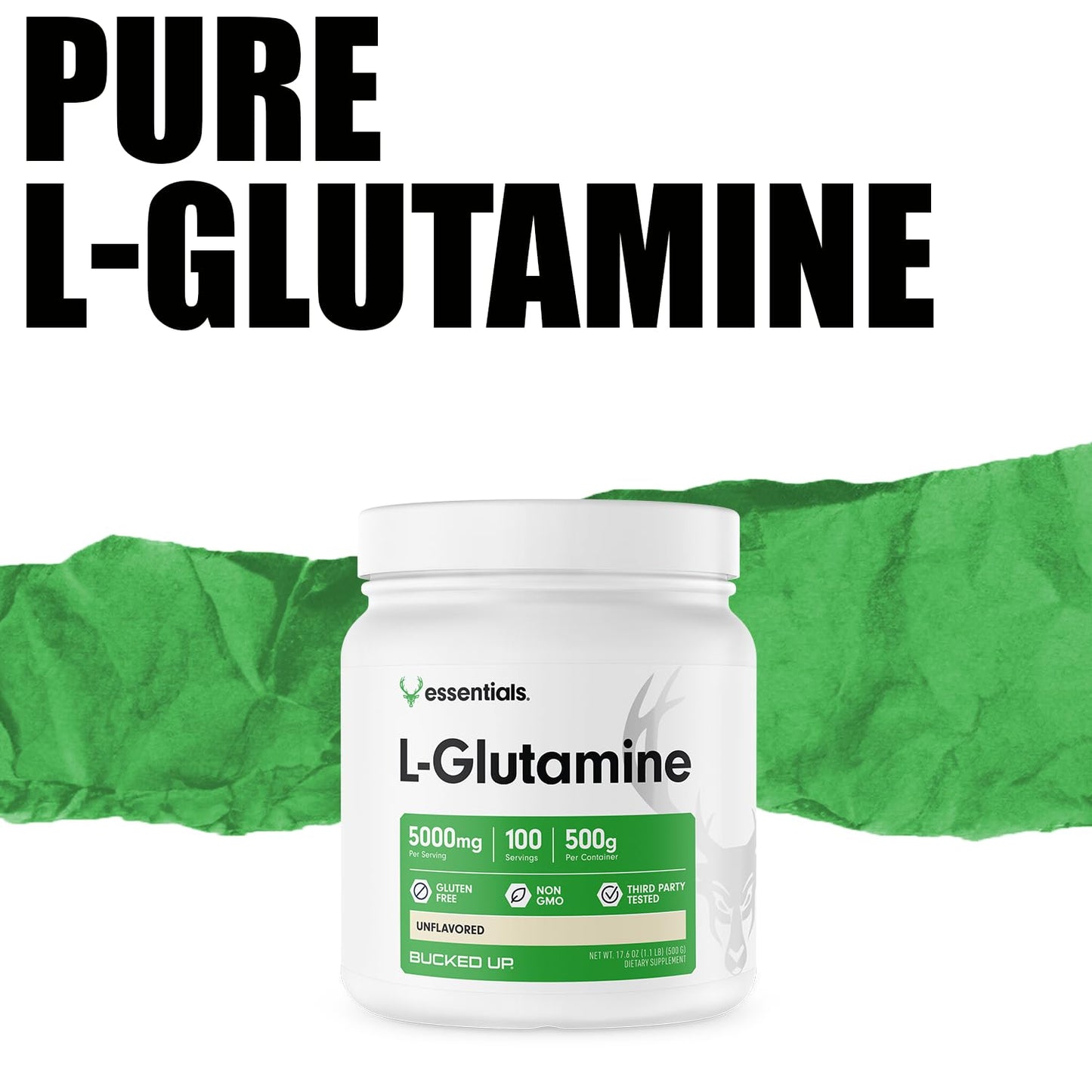 Bucked Up L-Glutamine 500g Powder, Gluten-Free, Non-GMO, Unflavored (100 Servings)