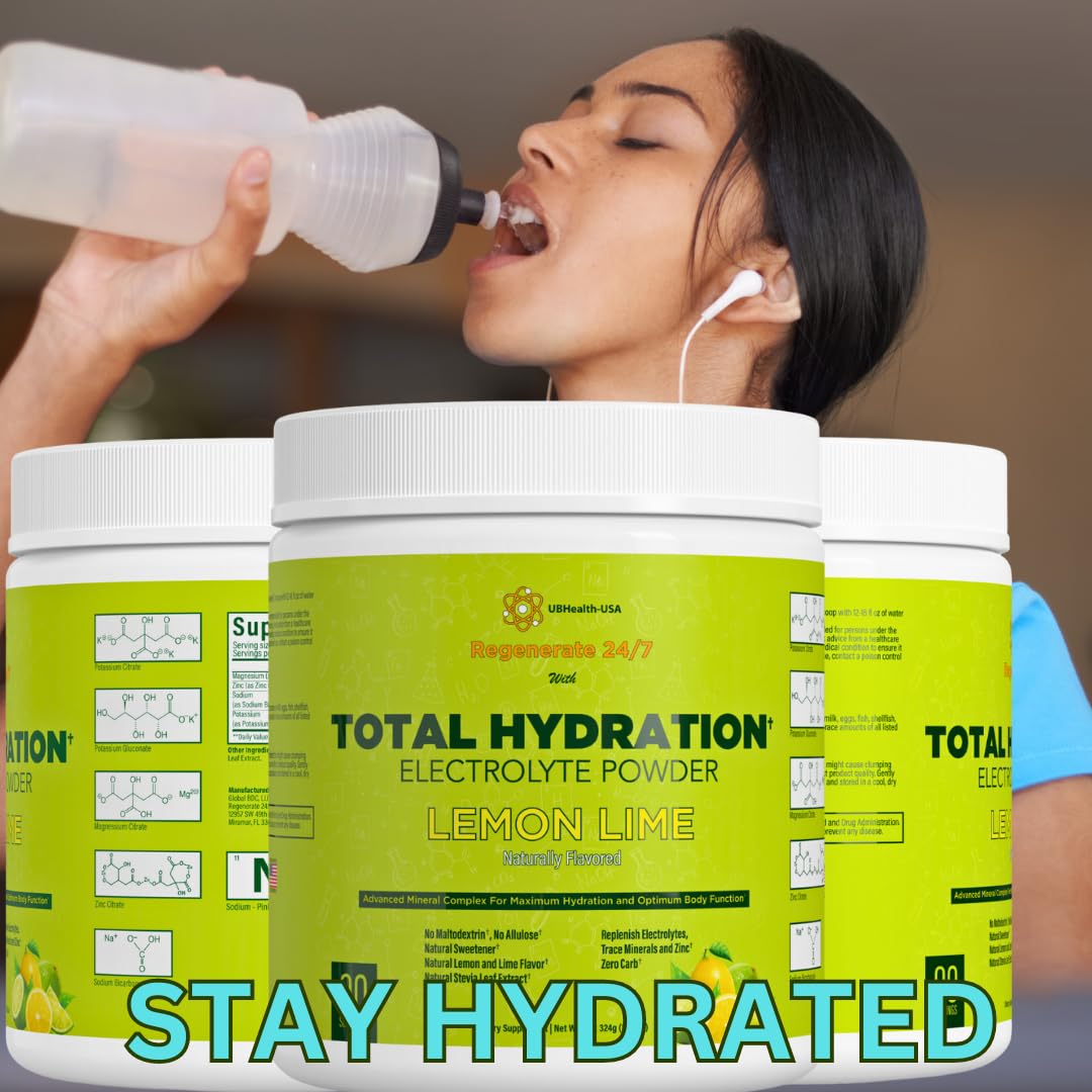 Total Hydration Electrolyte Replacement Mix Supplement Powder - 500 mg Potassium Citrate & Gluconate - Magnesium - Zink - Pink Salt - Natural Flavor -Stevia- No Allulose (90 Servings, Lemon Lime)