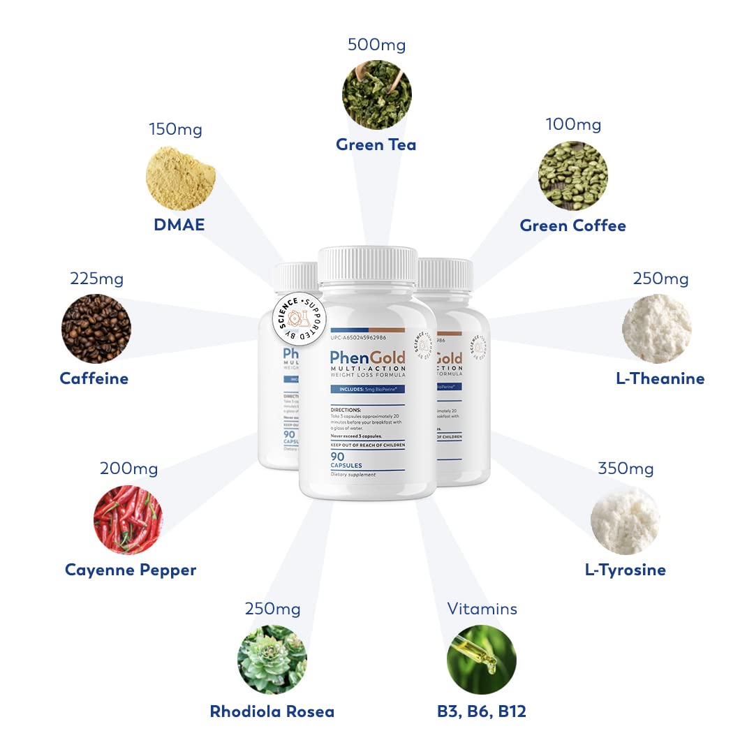 PhenGold - Natural Thermogenic Detox Cleanse Pills & Energy Supplement with Green Tea, Caffeine & Gut Health Support for Women - Boost Metabolism, Debloating & Appetite Control - 90 Capsules