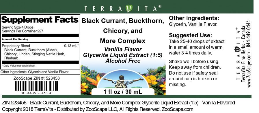 Terravita Black Currant, Buckthorn, Chicory, and More Complex Glycerite Liquid Extract (1:5) - Vanilla Flavored (1 oz, ZIN: 523458)