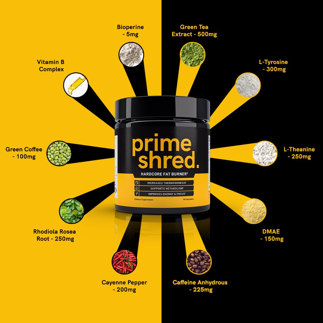 PrimeShred: Fat Burner for Men, Natural Appetite Suppressant, Thermogenic Workout Metabolism Booster & Energy Supplement, Weight Management w/Green Tea, Caffeine L-Carnitine, Vegan & Soy-Free, 90 Caps