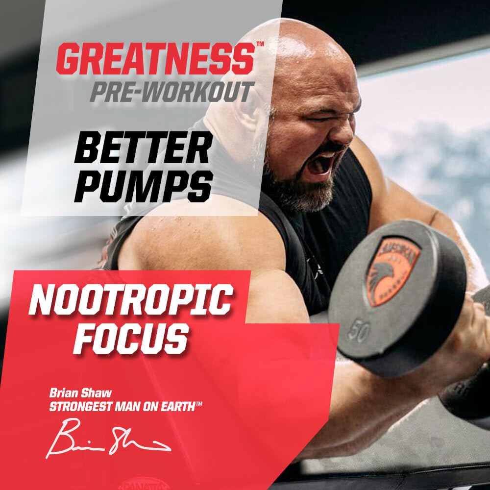 Undefined Nutrition Greatness Pre-Workout by Brian Shaw (30 Servings) - 6 g Citrulline Malate & 3.2 g Beta Alanine for Better Pumps, Energy, Focus and Strength for Men & Women (15.9 Oz, Blue Razz)