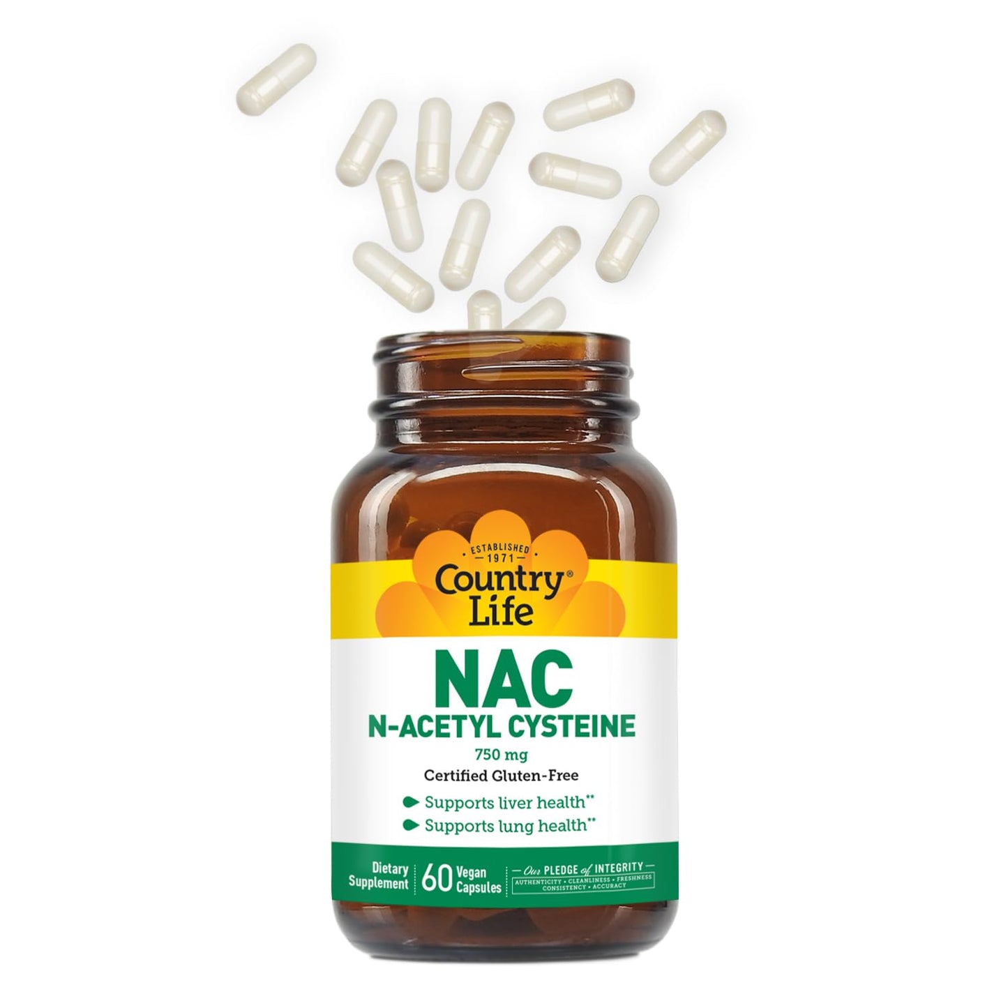 Country Life N-Acetyl Cysteine (NAC) 750 mg - Premium Liver Support and Lung Health Supplement - Powerful Antioxidant Protection, Liver Detox & Cleanse, Immune Support, 60 Vegetarian Capsules