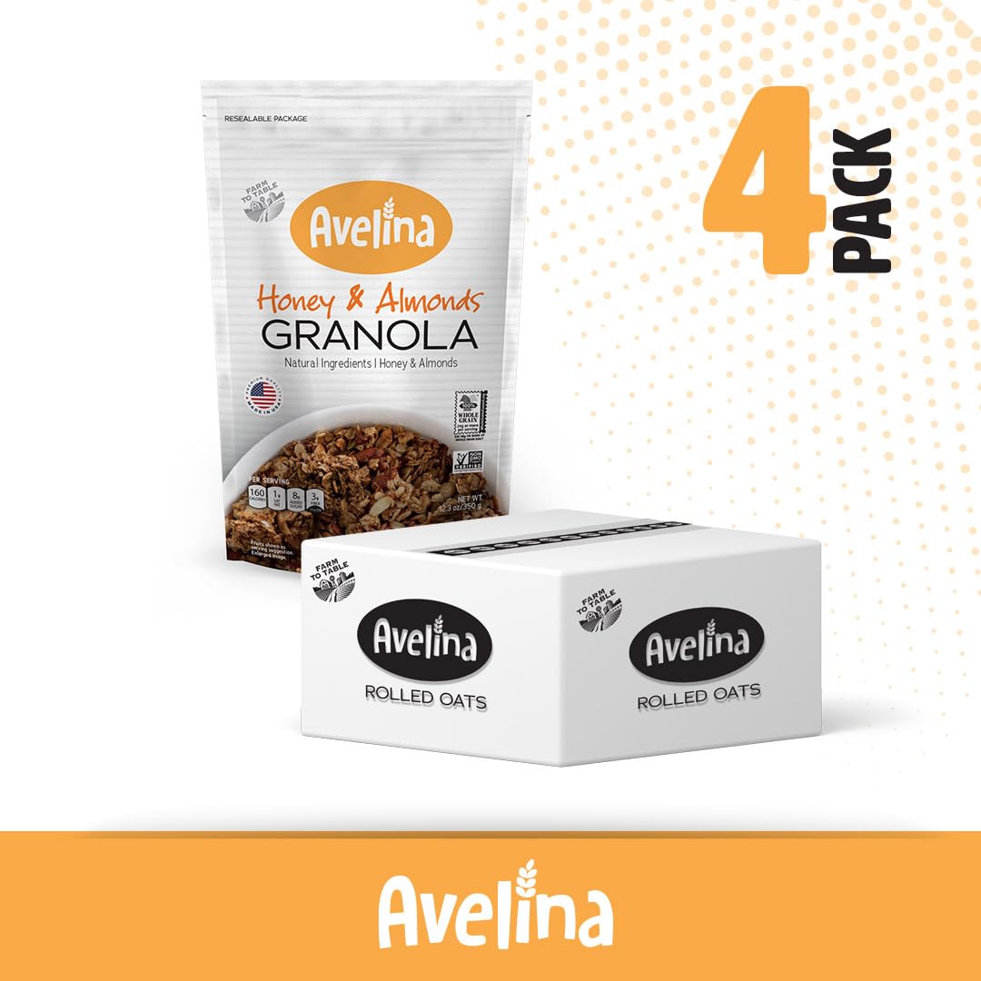 Avelina Natural Flavors Granola GlutenFree Healthy OatmealBased Cereal Kosher NonGmo and Gluten free 123 oz Honey Almonds 4Pack