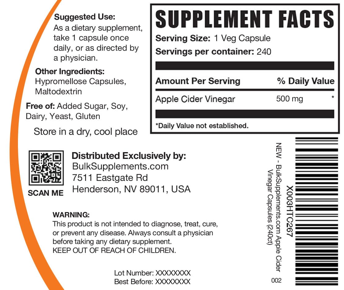 BulkSupplements.com Apple Cider Vinegar Capsules - ACV Capsules, Apple Cider Vinegar Supplements, Apple Cider Vinegar 500mg - Gluten Free, Capsule per Serving, 240 Capsules (Pack of 1)