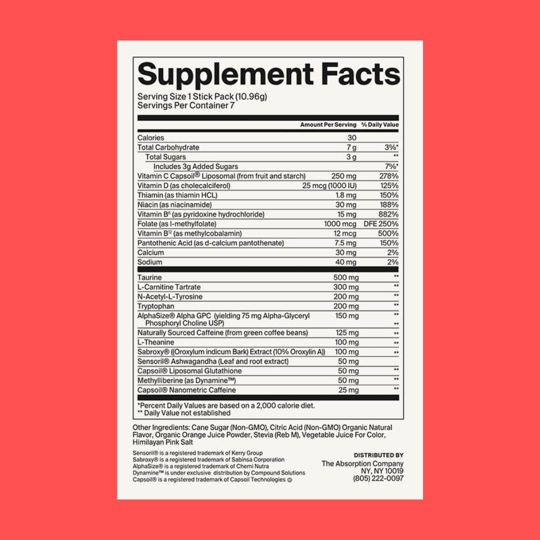 The Absorption Company Energy Drink Powder Mix Packets - Clean Energy Booster to Support Alertness with 150mg Natural Caffeine & Vitamin C - Fruit Punch Flavor, 7 Sticks
