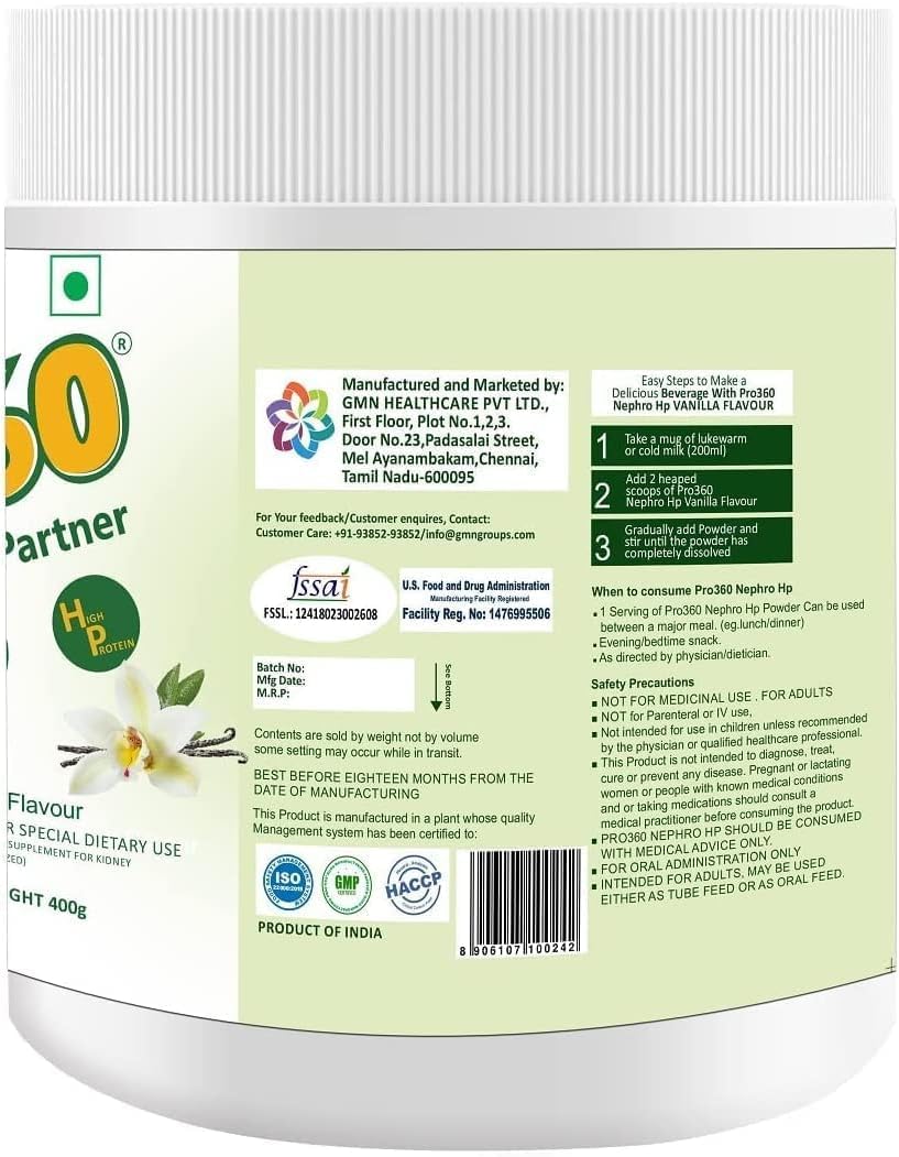 AZAZ Pro360 Nephro HP - Dialysis Care Nutritional Protein Drink (Vanilla Flavour) No Added Sugar, Special Dietary Supplement for Kidney/Renal Health, 400 Gm