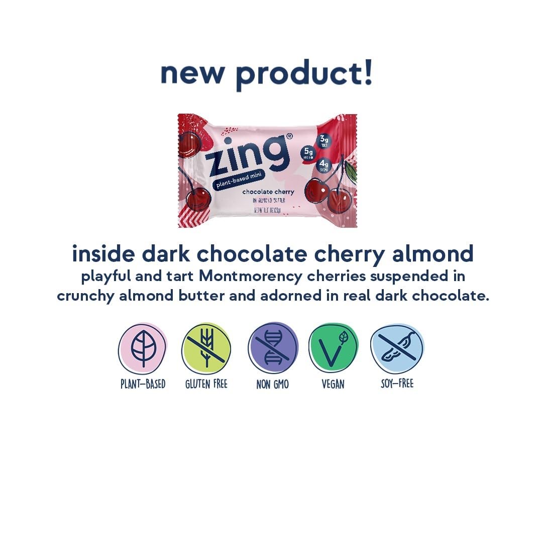 Zing Dark Chocolate Cherry Kids Protein Bars, Gluten Free 100 Calorie Mini Bars with High Protein, Vegan Nutrition Bars, Dairy Free Plant Based, Kosher, Low Sugar, No Sugar Alcohols - 18 count