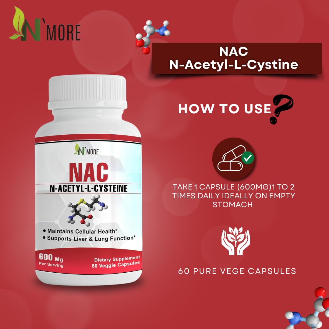 N'More N-Acetyl-Cysteine (NAC) 600 Mg 60 Veggie Capsules Non-GMO, Gluten Free
