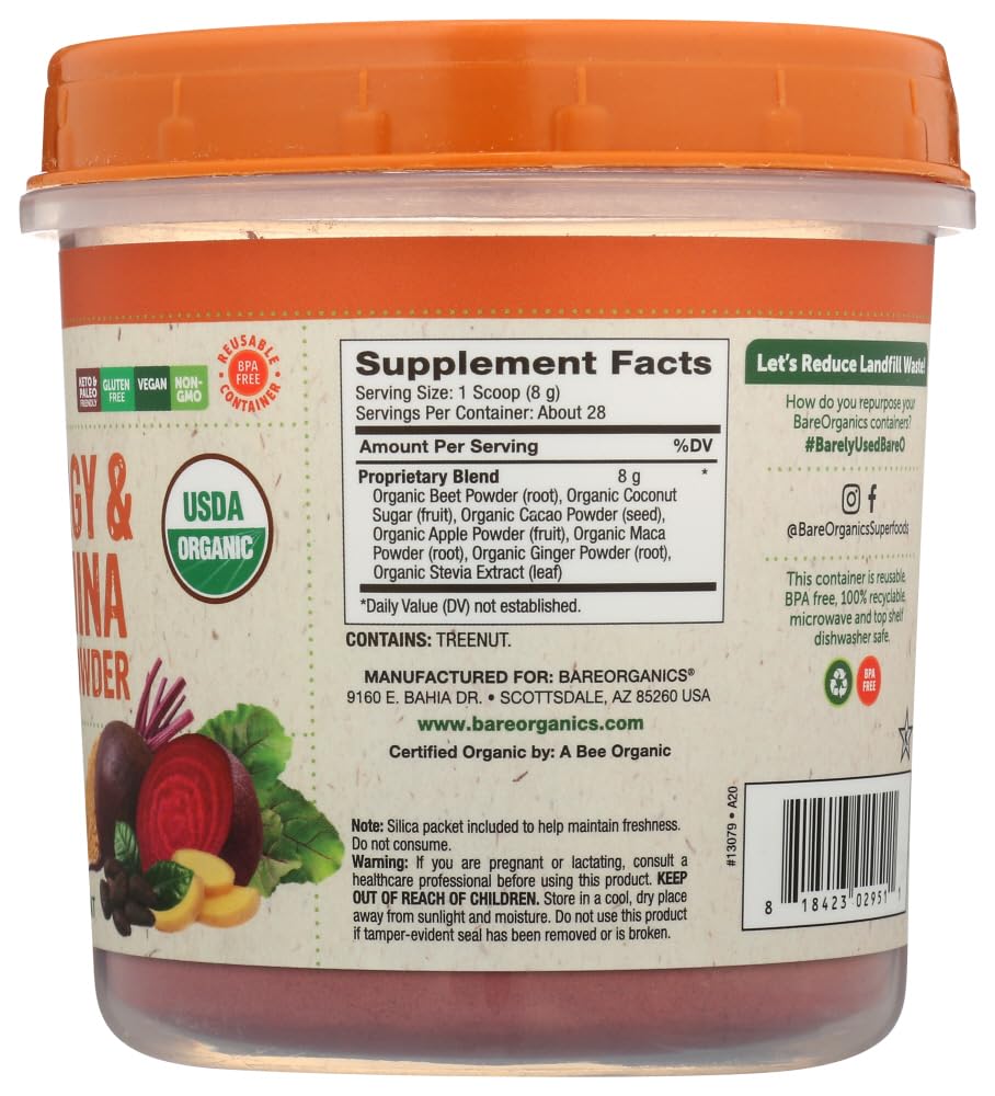 BareOrganics Energy & Stamina Blend Powder, Organic Superfood, Vegan Dietary Supplement, 8 Ounces