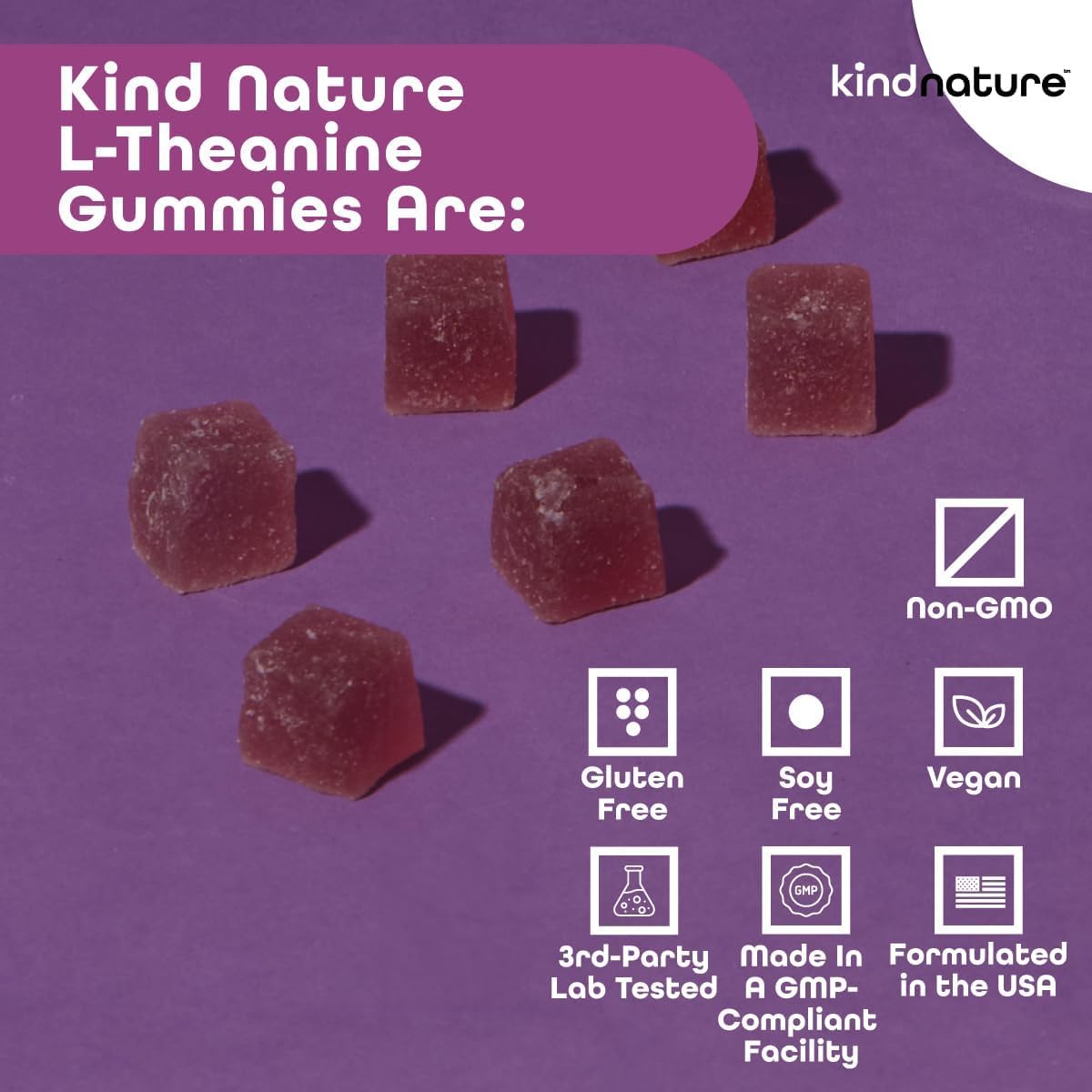 Kind Nature L-Theanine Gummies 200mg - Vegan Relaxation & Focus Supplement for Adults & Kids Ages 4+ - Low Calorie Stress Relief Gummies for Calm, Clarity & Anxiety Support - Mixed Berry Chewable
