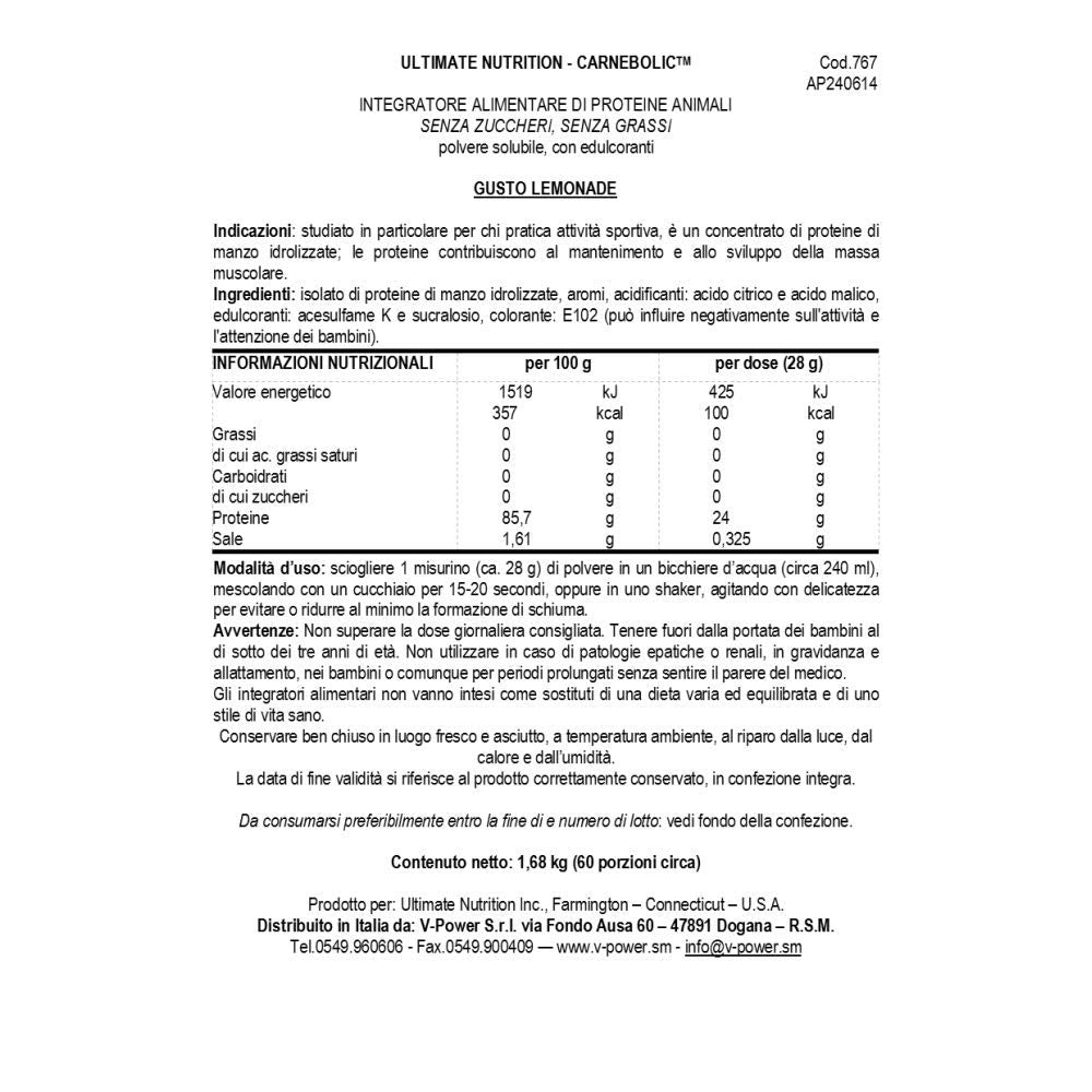 Ultimate Nutrition Carnebolic Hydrolized Beef Protien Isolate Powder-Paleo and Keto Friendly-Zero Carbs, Zero Sugar or Soy, Gluten and Lactose Free, Lemonade, 60 Servings