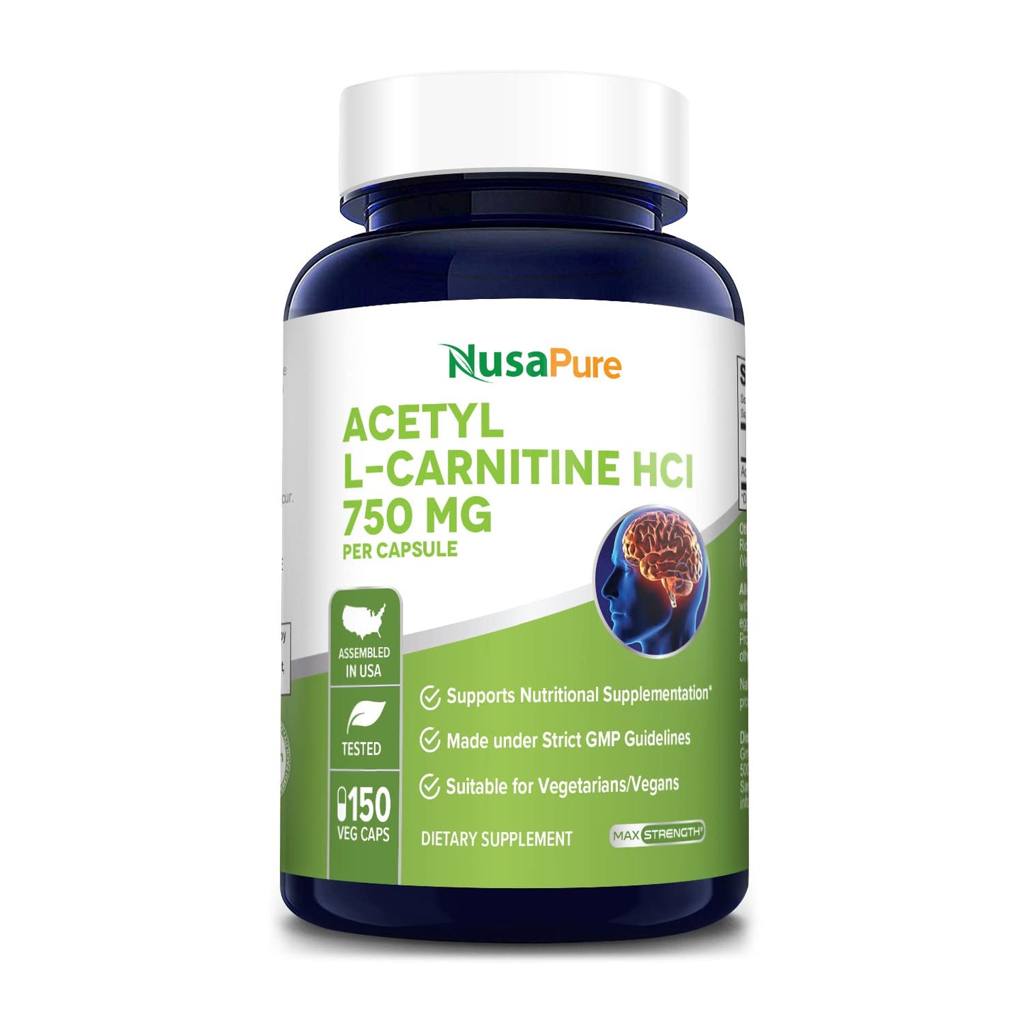 NusaPure Acetyl L-Carnitine 750mg per Caps 150 Veggie Capsules (Non-GMO, Gluten Free) High Potency Acetyl L Carnitine HCL (ALCAR)