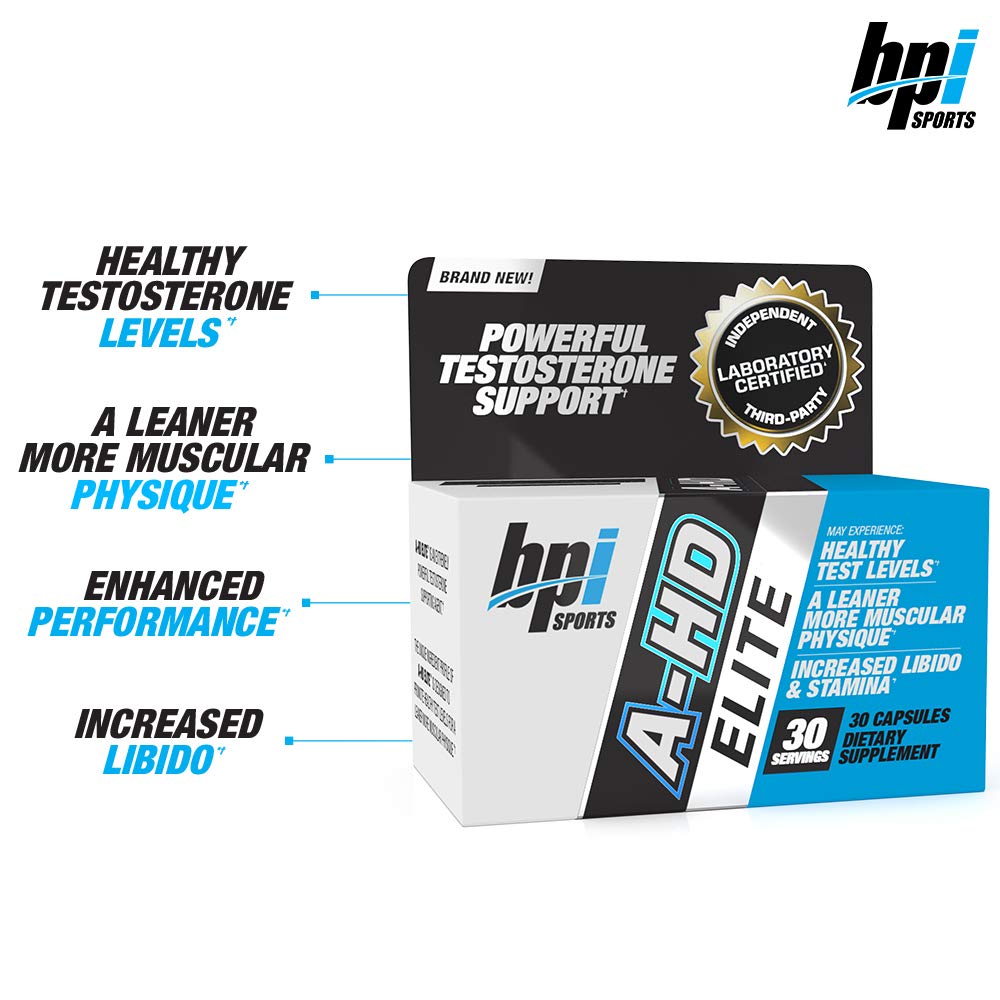 BPI Sports A-HD Elite - Men’s Powerful Testosterone Booster - Natural Stamina, Strength, Sexual Support - Increases Metabolism - Fat Burning - Strength - Muscle - 30 Servings - 500mg