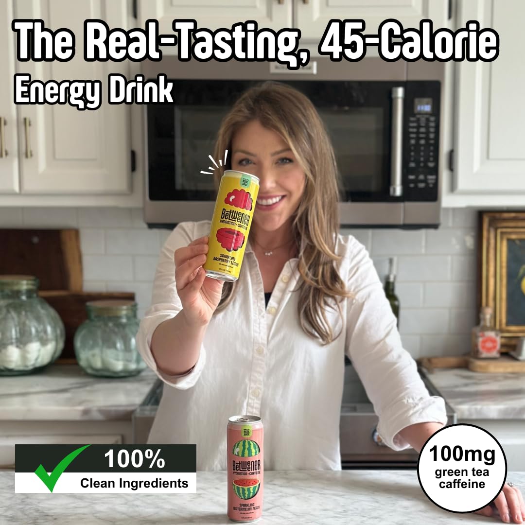 Betweener Sparkling Energy Sparkling Water wReal Juice 100mg Caffeine Light Refreshing LTheanine for Focus Vitamins BC Low Sugar 45 Cals Variety Pack 12 Pack