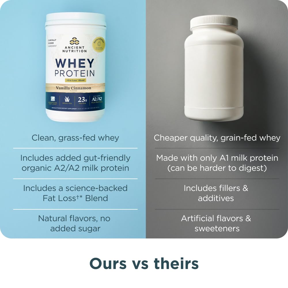 Ancient Nutrition Grass Fed Whey Protein + Fat Loss Blend, Vanilla Cinnamon, 23g Protein, Promotes Fat Loss and Boost Metabolism, Organic Regenerative A2/A2 Milk Protein,18 Servings