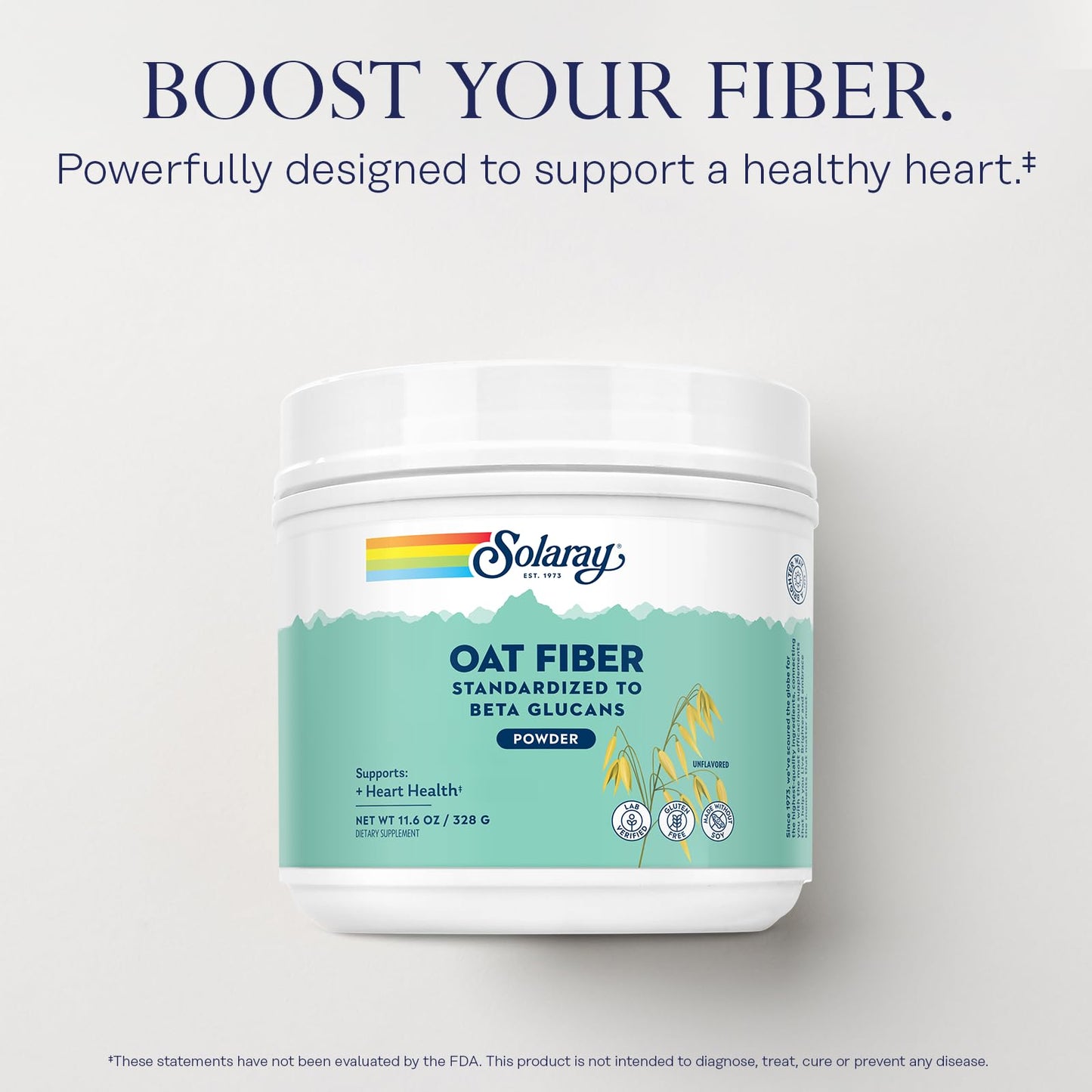 SOLARAY Oat Fiber - Soluble Fiber Supplement Powder - Standardized to Beta Glucans for Heart Health Support - Unflavored, Gluten Free, Vegan, 60 Day Guarantee, Lab Verified - 30 Servings, 11.6oz