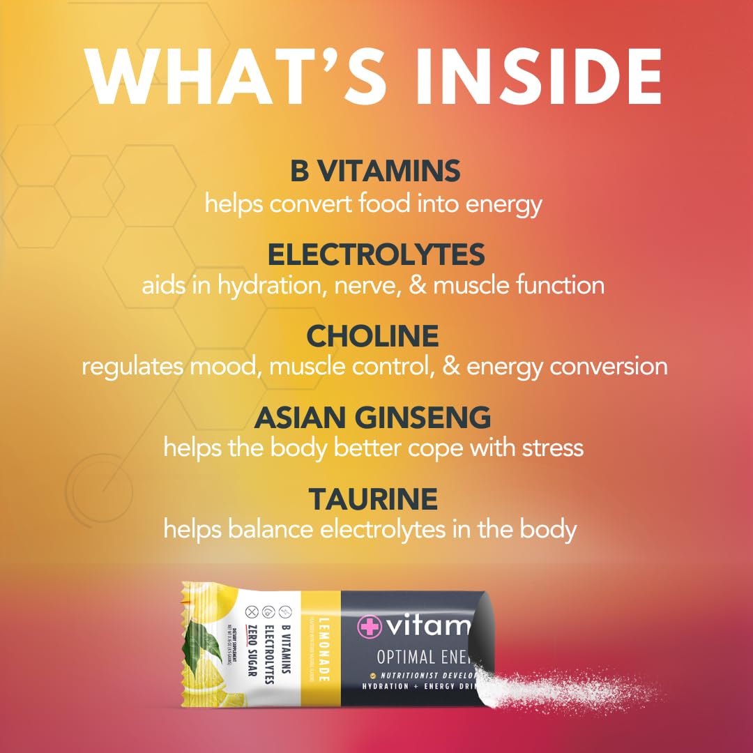 Vitamax Health Optimal Energy - Lemonade - Sugar Free Hydration Recovery Powder Stick Packs | B Vitamin Complex Electrolyte Drink Mix | Easy Open Single-Serving | Non-GMO | 30 Servings