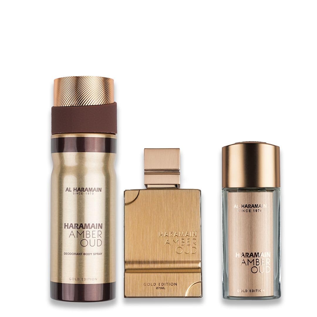 Al Haramain Amber Oud Gold Edition 3 Pc Gift Set for Unisex - Luxury Cologne & Perfume for Men & Women - 2.5 oz EDP Spray, 1 oz EDP Spray, 6.6 oz Body Spray - Arabian & Arabic Long Lasting Fragrance