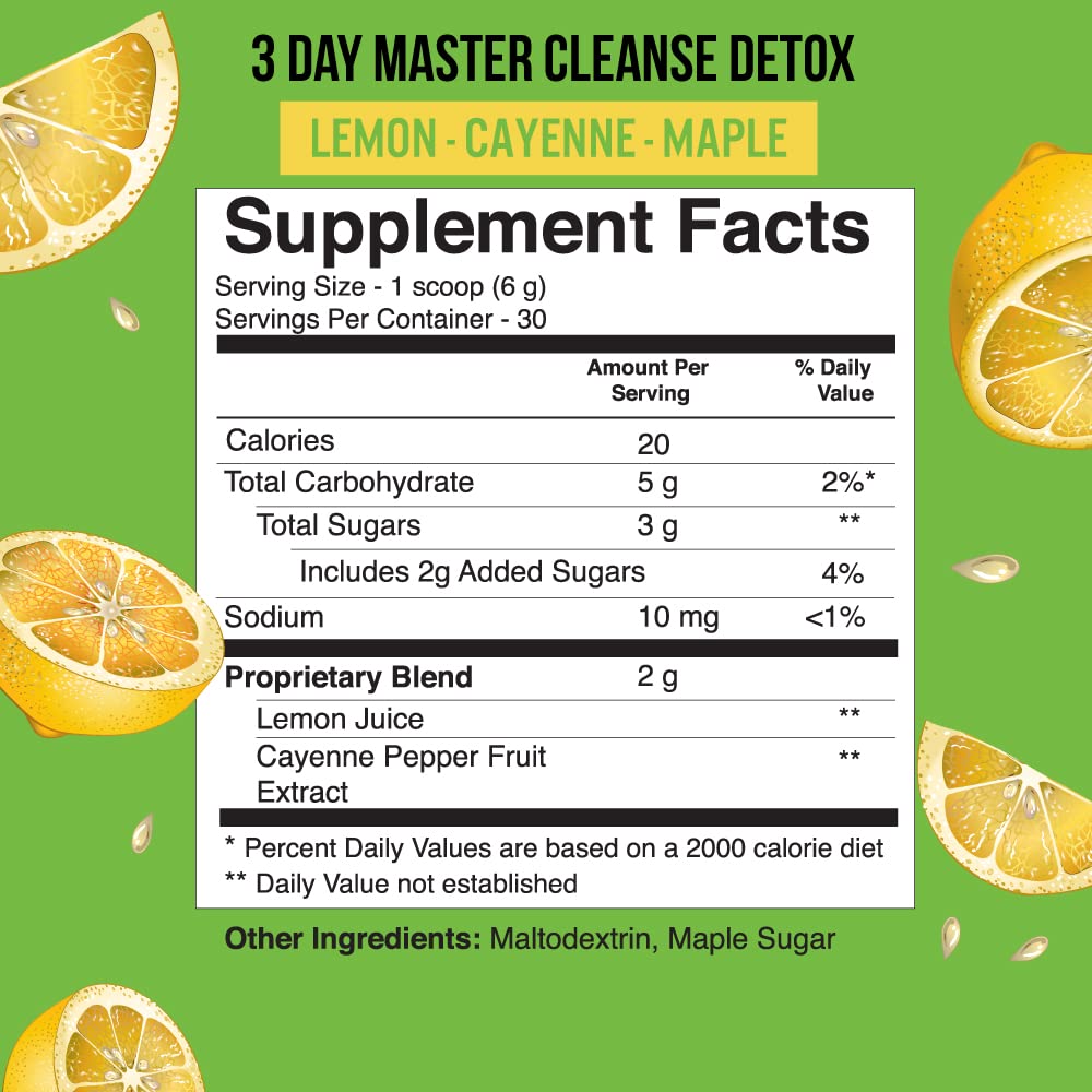 Tiny Tummy Master Cleanse Lemonade Diet - 3 Day Juice Cleanse Plant-Based Detox Powder Supplement with Lemon, Maple Syrup, and Cayenne Diet, 6.34oz Container