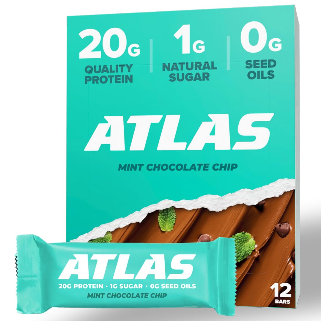 Atlas Protein Bar, 20g Protein, 1g Sugar, Clean Ingredients, Gluten Free (Mint Chocolate Chip, 12 Count (Pack of 1))