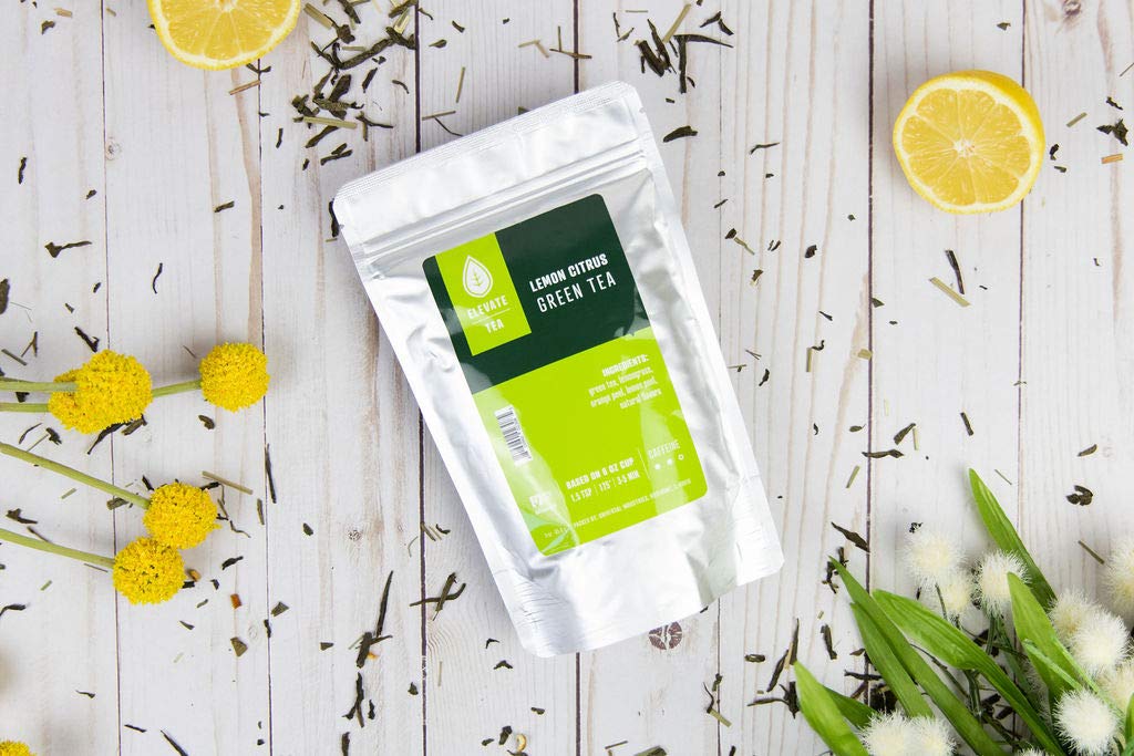 ELEVATE TEA Lemon Loose Leaf Hot Iced Green Tea Medium Caffeine No Artificials 30 Cups 3 Oz