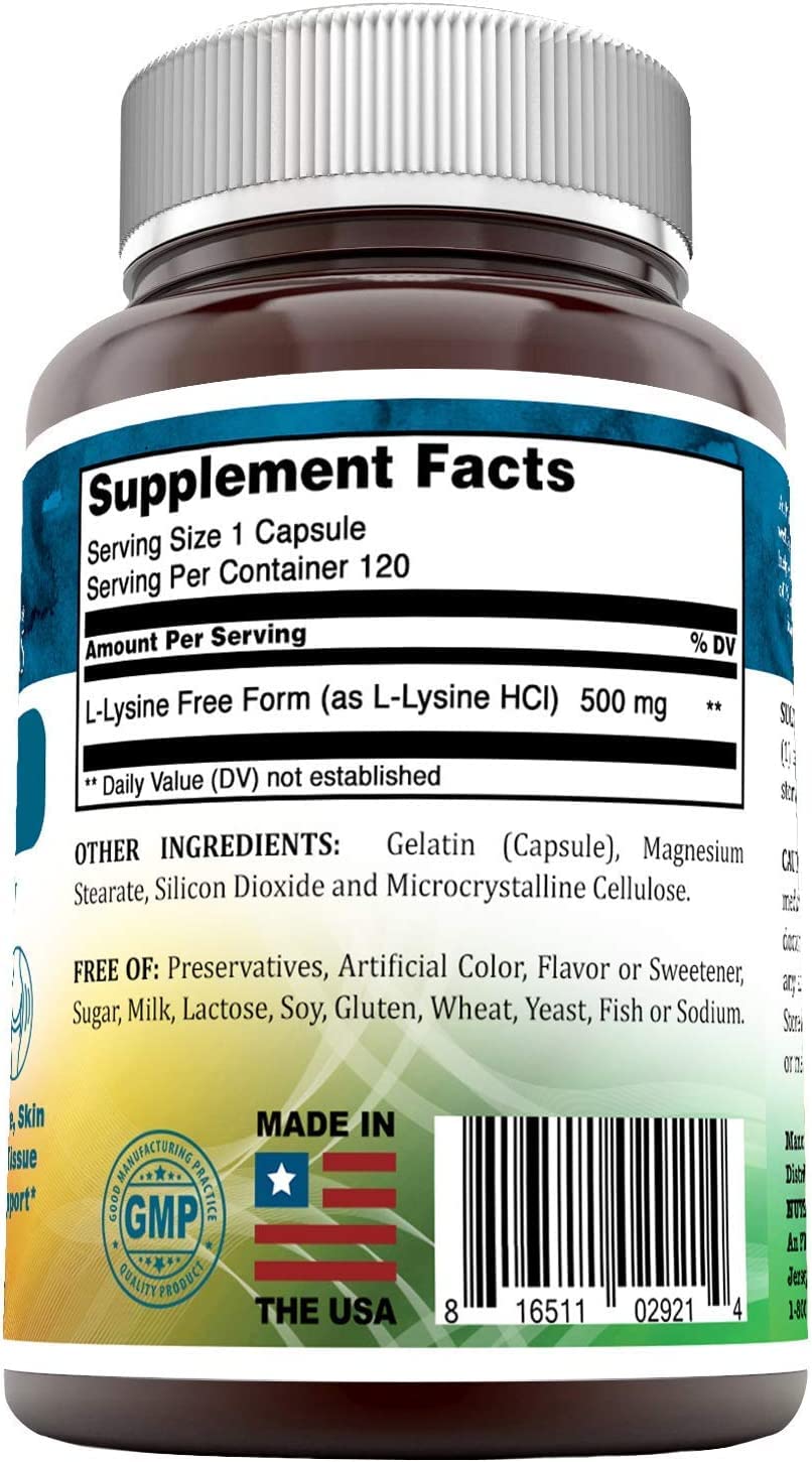 Nutri Essentials L-Lysine - 500mg Amino Acid Vitamin 120 Capsules - Commonly Used for Cold Sores, Immune Support, Respiratory Health & More