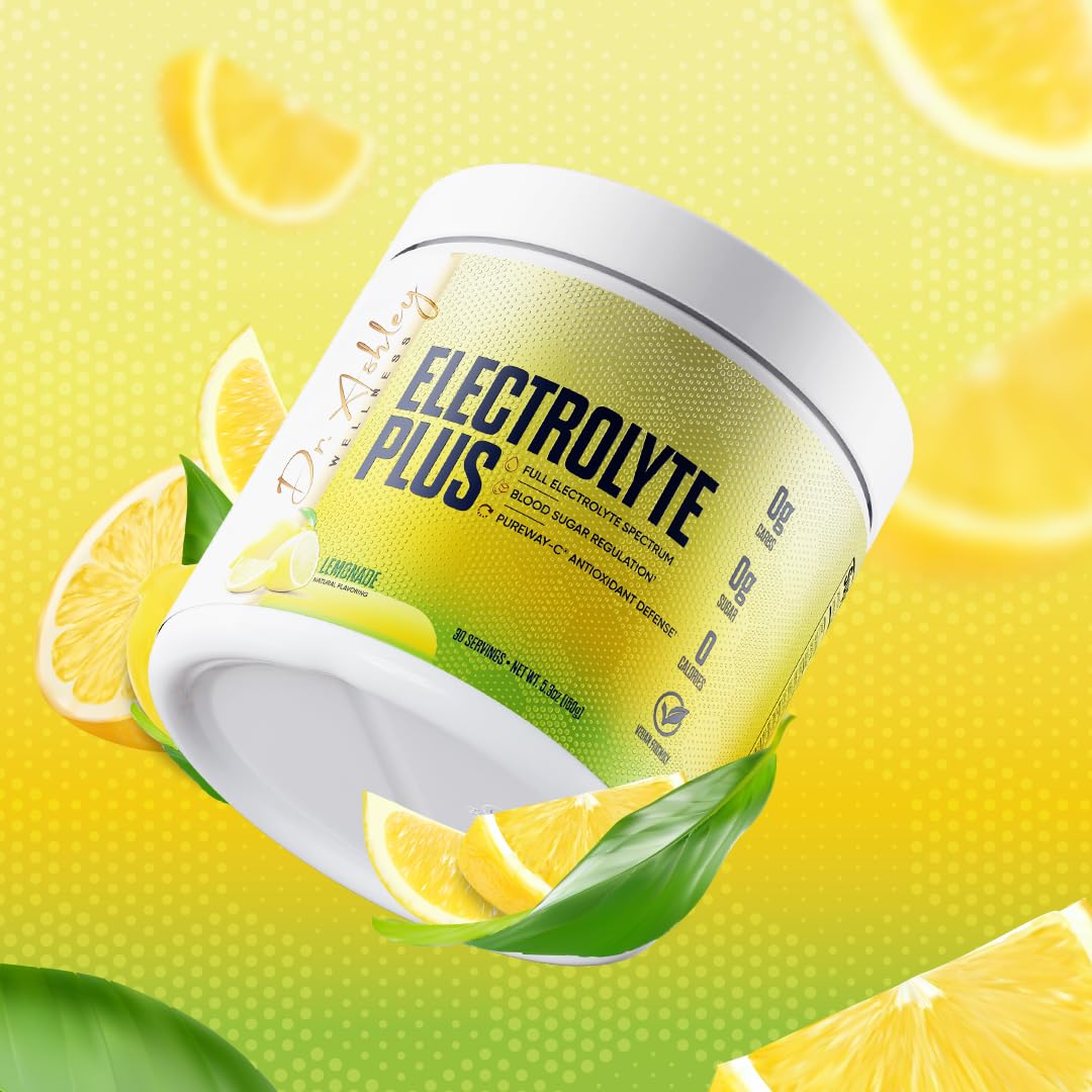 Dr. Ashley Wellness Electrolyte Plus Powder Drink Mix | Full Spectrum Electrolytes - Gluten Fee and Zero Sugar for Max Hydration | 30 Servings (30 Serving, Lemonade)