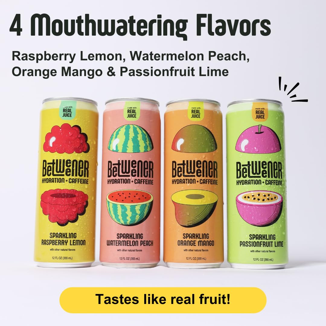Betweener Sparkling Energy Sparkling Water wReal Juice 100mg Caffeine Light Refreshing LTheanine for Focus Vitamins BC Low Sugar 45 Cals Variety Pack 12 Pack