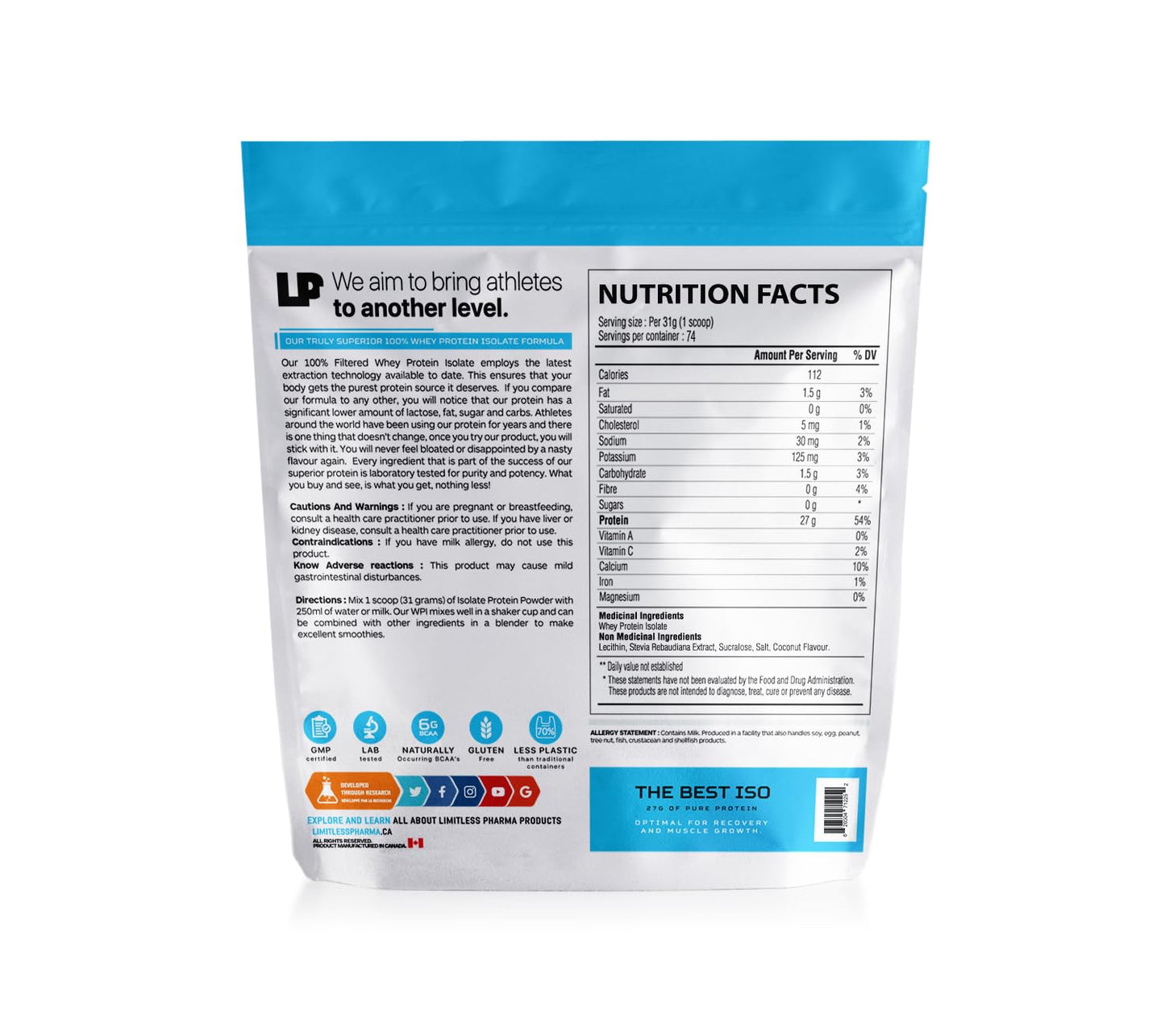 Limitless Pharma Pure Whey Isolate | High Protein Whey Isolate Protein Powder | 27g Protein, 6g BCAAs, Sugar Free, Gluten Free, Low Carb, Low Lactose | 74 Servings, 5LB (Coconut Island)