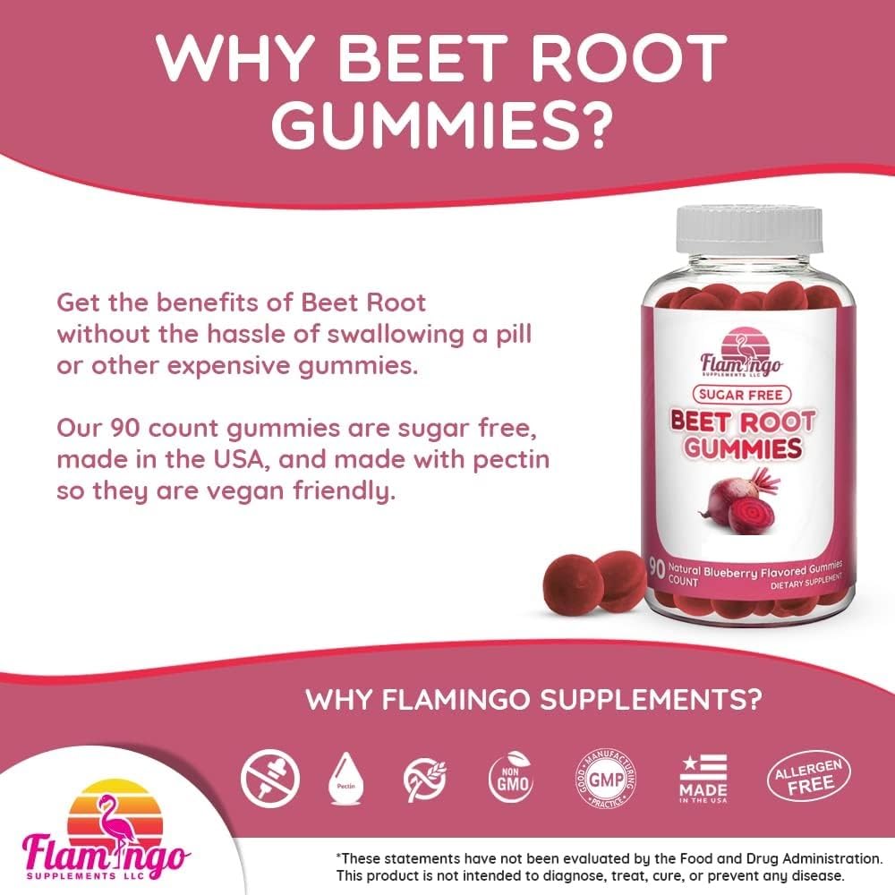 Flamingo Supplements Sugar Free Nitric Oxide Beet Root Gummies - Beet Root Chewables for Athletic Performance, Nitric Oxide Booster, Energy, Blood Flow and Circulation - 90 Beets Root Gummy Chews.