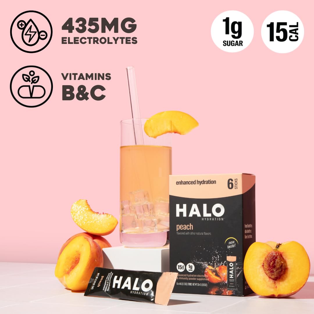 Halo Hydration Electrolyte Powder Packets - Peach - 6 Servings (5g Each) - Organic Hydration Drink with Low Sugar + Essential Vitamins + Minerals - Vegan
