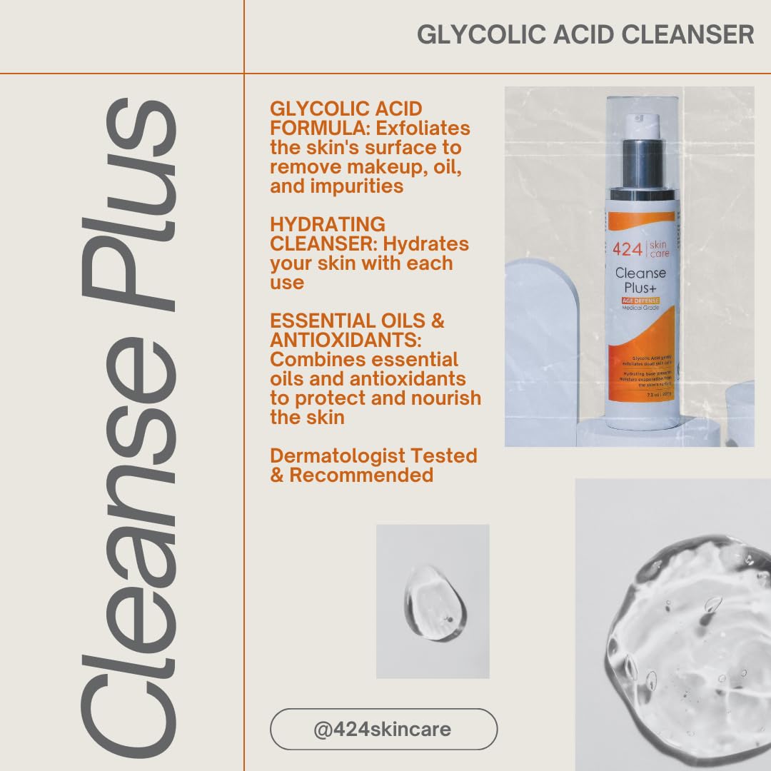 424 Skin Care Age Defense Cleanse Plus - Dermatologist Tested & Recommended Glycolic Acid Cleanser - Essential Oil and Antioxidant Formula, 7.3 oz