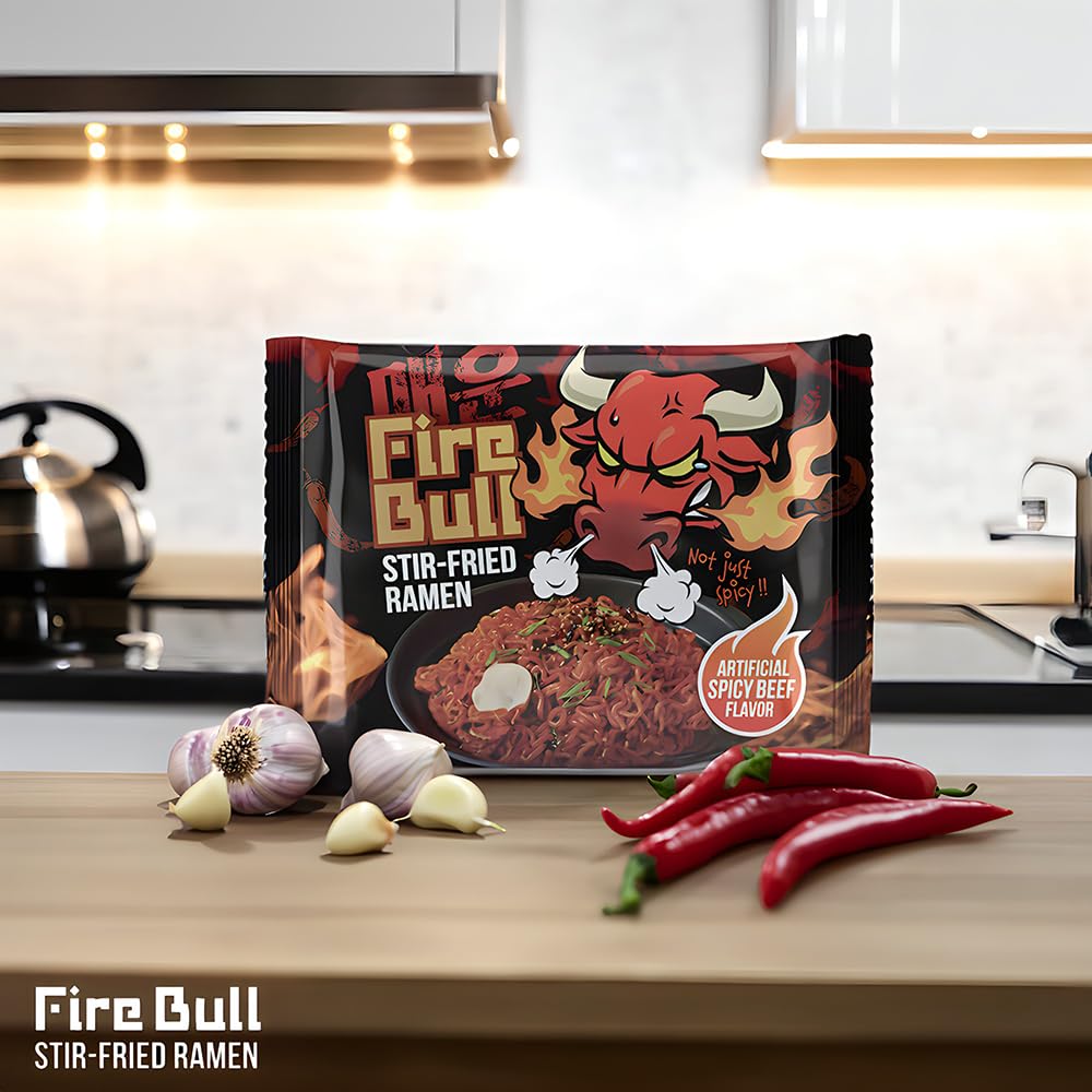 Fire Bull Ramen Intense Spicy StirFried Ramen Authentic Korean Heat Meets Flavorful Delight Thick Chewy Noodles Quick Easy Meal 4 Pouches