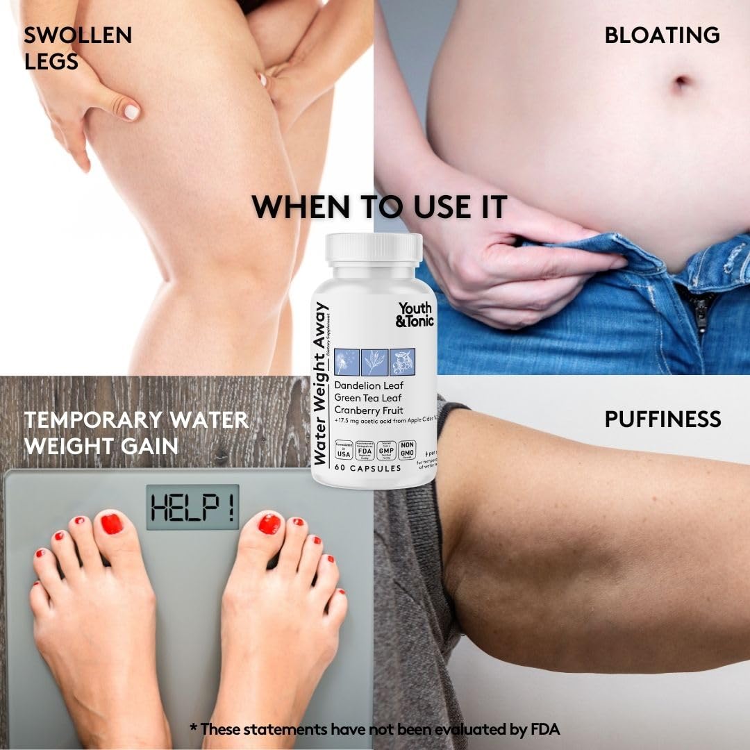 Water Weight Pills for Thin Waistline Belly Bloating Swelling & Temporary Water Retention + Electrolytes Replenish as Natural Diuretic Supplement for Woman & Men - 120 Capsules by Youth & Tonic