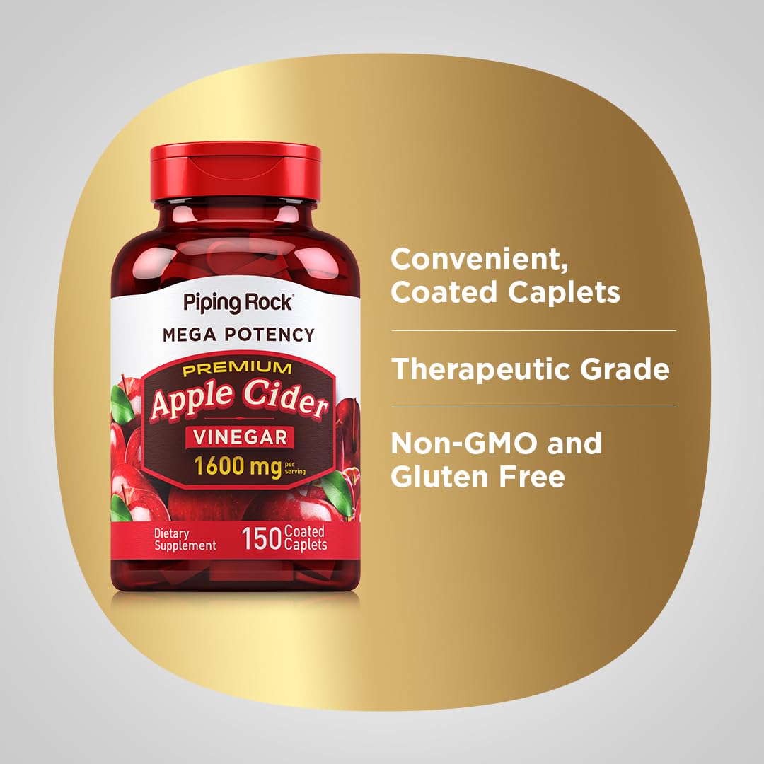 Piping Rock Apple Cider Vinegar Capsule Caplets | 1600mg | 150 Pills | High Potency | Extra Strength ACV Supplement | Vegetarian, Non-GMO, Gluten Free