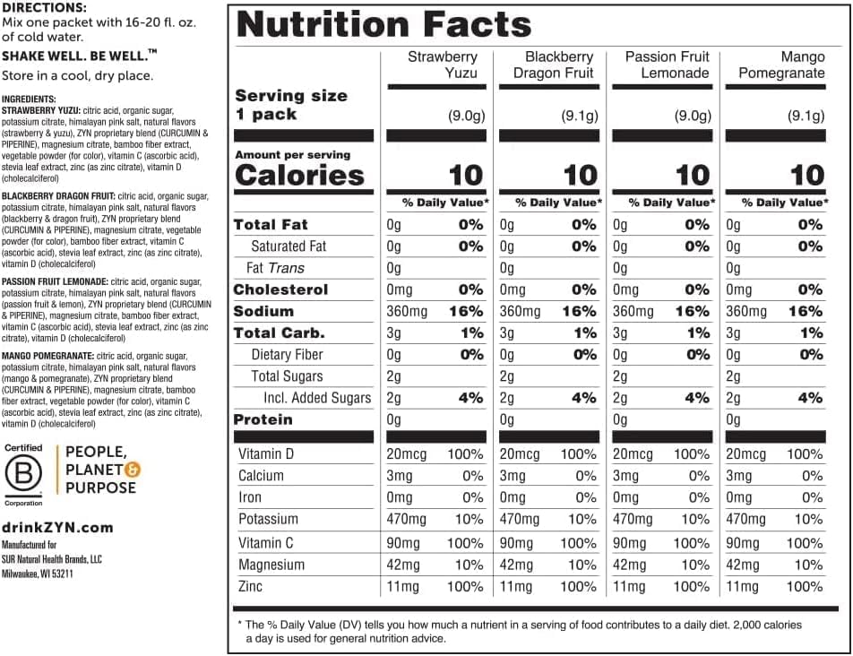 ZYN Electrolytes Powder Hydration Packets with Vitamins, Zinc & Turmeric - Low Sugar Electrolyte Drink Mix Packets with Piperine, Mango Pomegranate, 16 Pack