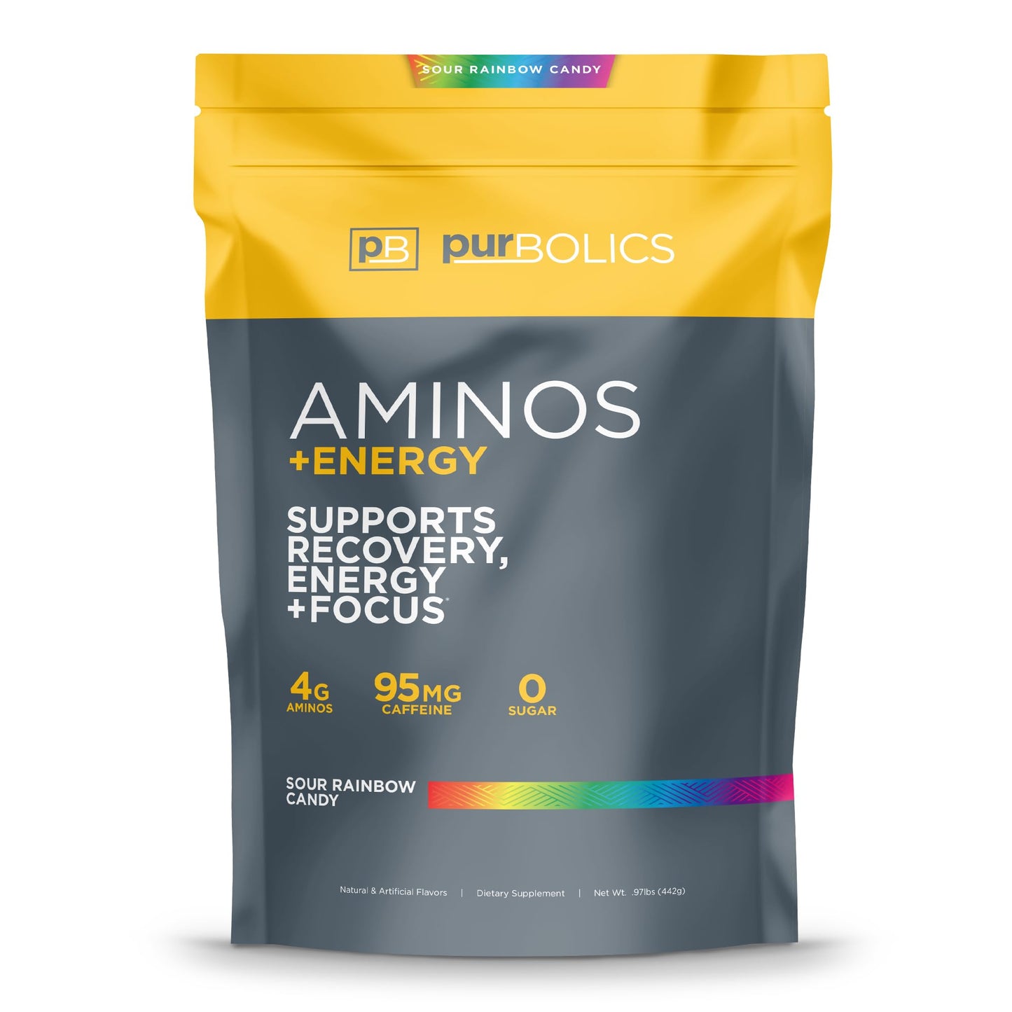 Purbolics Aminos + Energy | Supports Recovery, Energy & Focus | 95mg of Caffeine, 0 Sugar & 60 Servings (Sour Rainbow Candy)