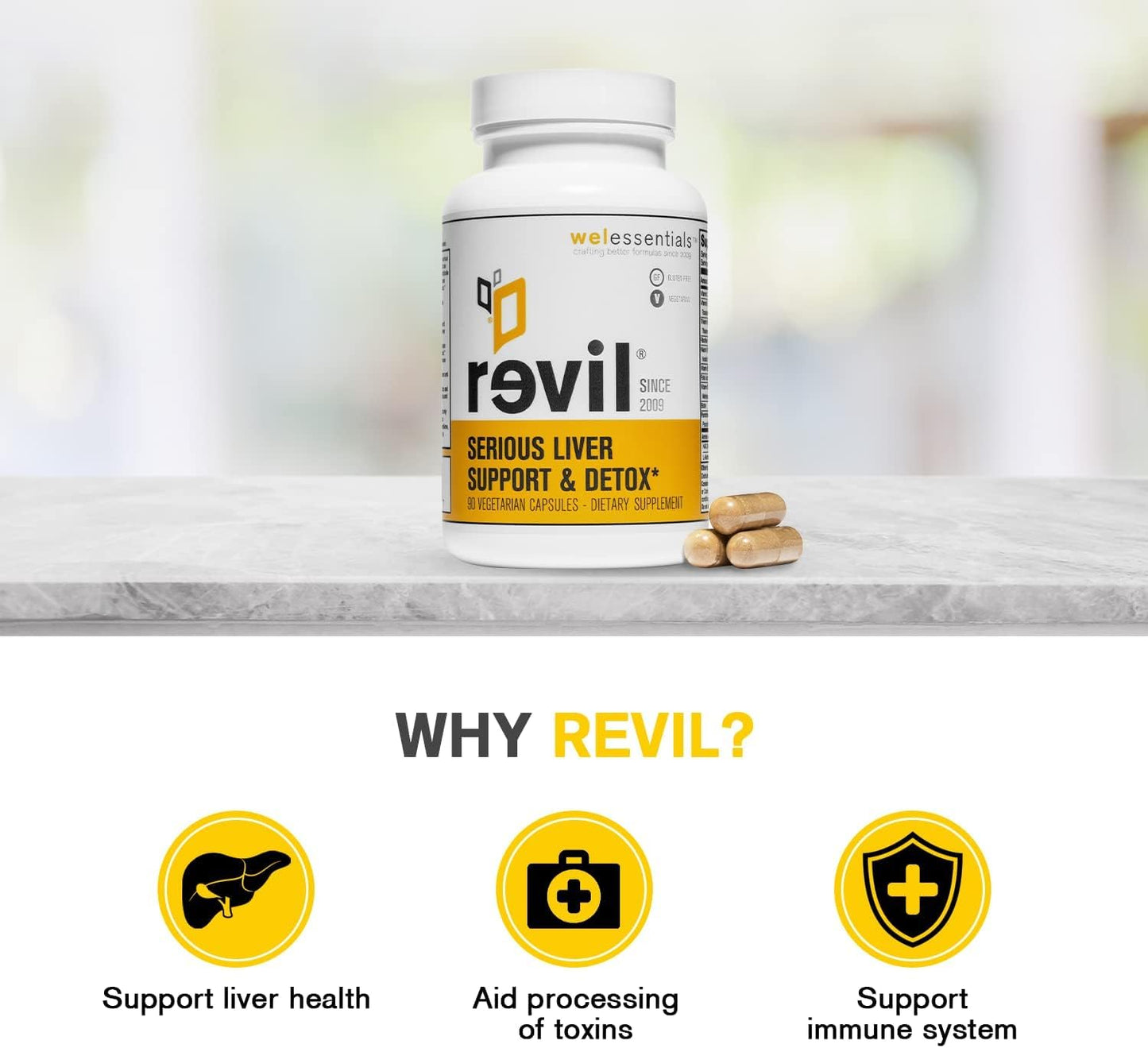 drinkwel WELESSENTIALS Liver and Herbal Support - 90 Vegetarian Capsules - Revil Dietary Supplement with Organic Milk Thistle, Burdock Vitamin C - Gluten-Free