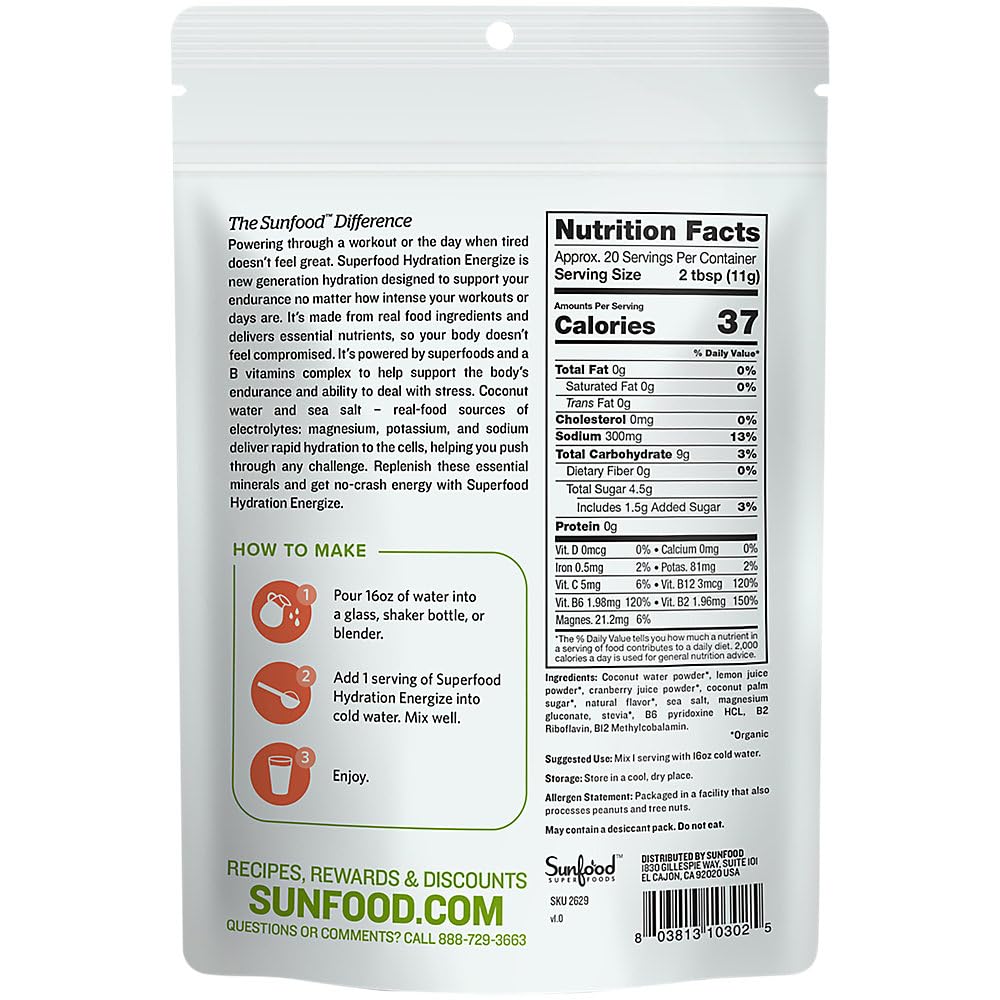Organic Superfood Hydration & Energize Powder with Electrolytes & B Complex - Cran-Raspberry (8 Oz. / 20 Servings)
