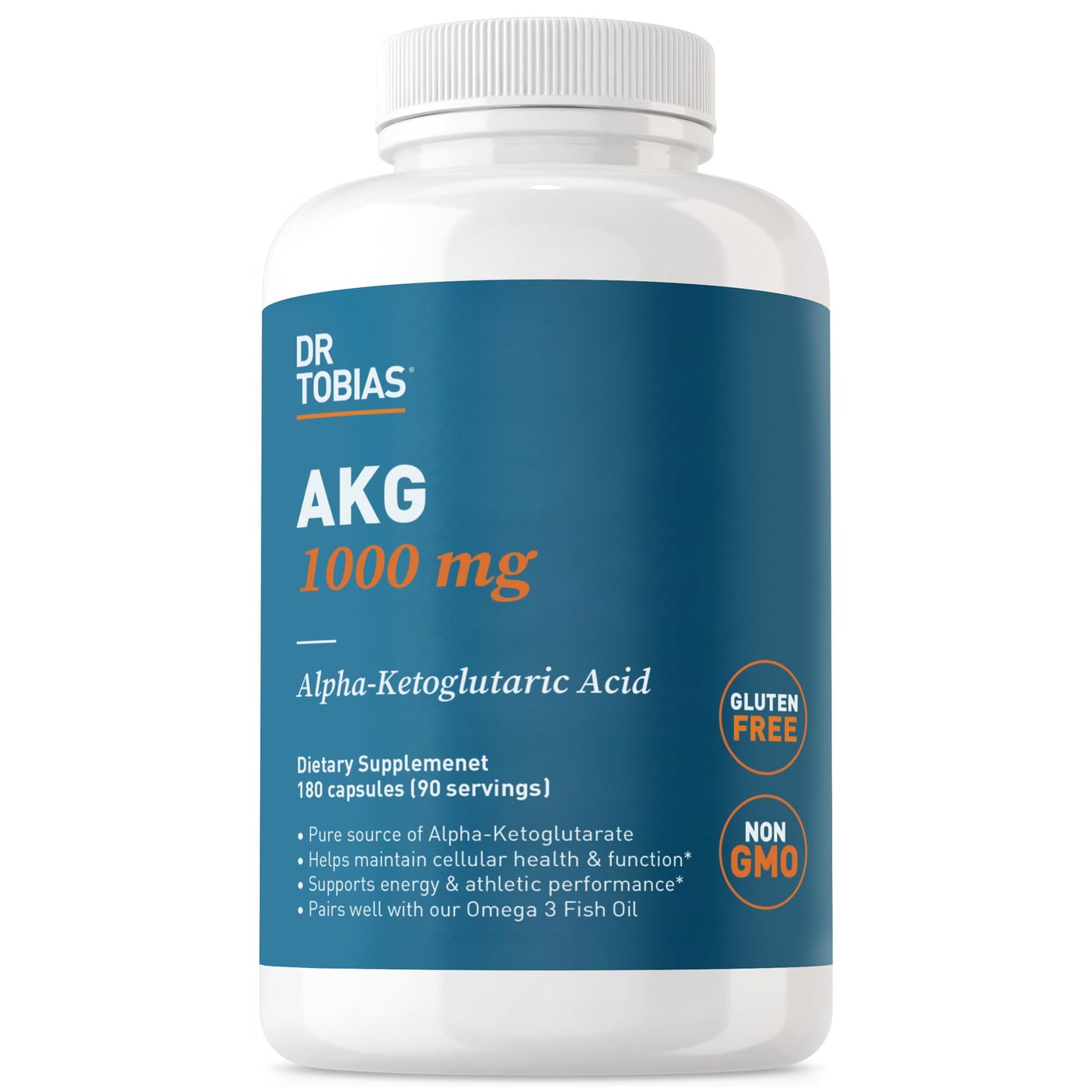 Dr. Tobias AKG Supplement 1000mg Per Serving, Bioavailable Alpha Ketoglutaric Acid, Supports Cellular Energy & Nitric Oxide Flow, Vegan, Gluten-Free, Non-GMO, 180 Capsules, 90 Servings