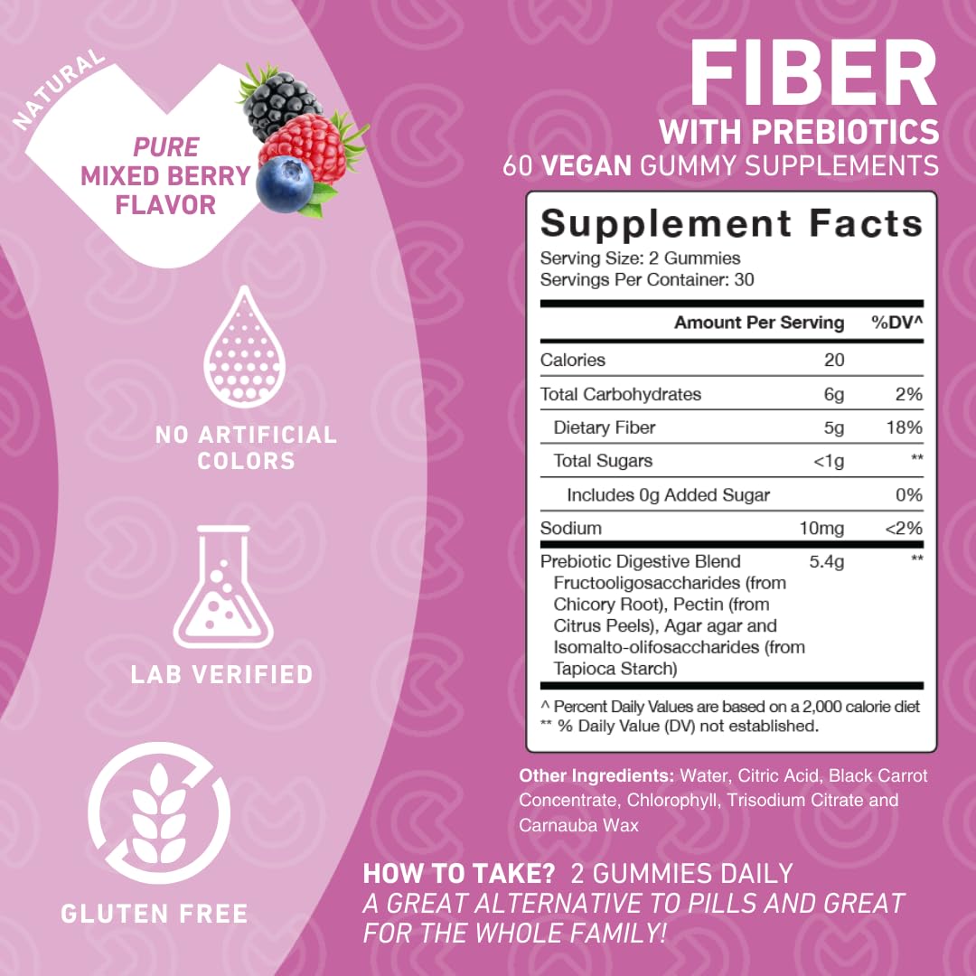 PUREFINITY Fiber Gummies for Adults with Inulin FOS from Chicory Root, Sugar Free Prebiotic Supplement for Daily Digestion & Constipation Support - Non-GMO, Vegan, 60 Count