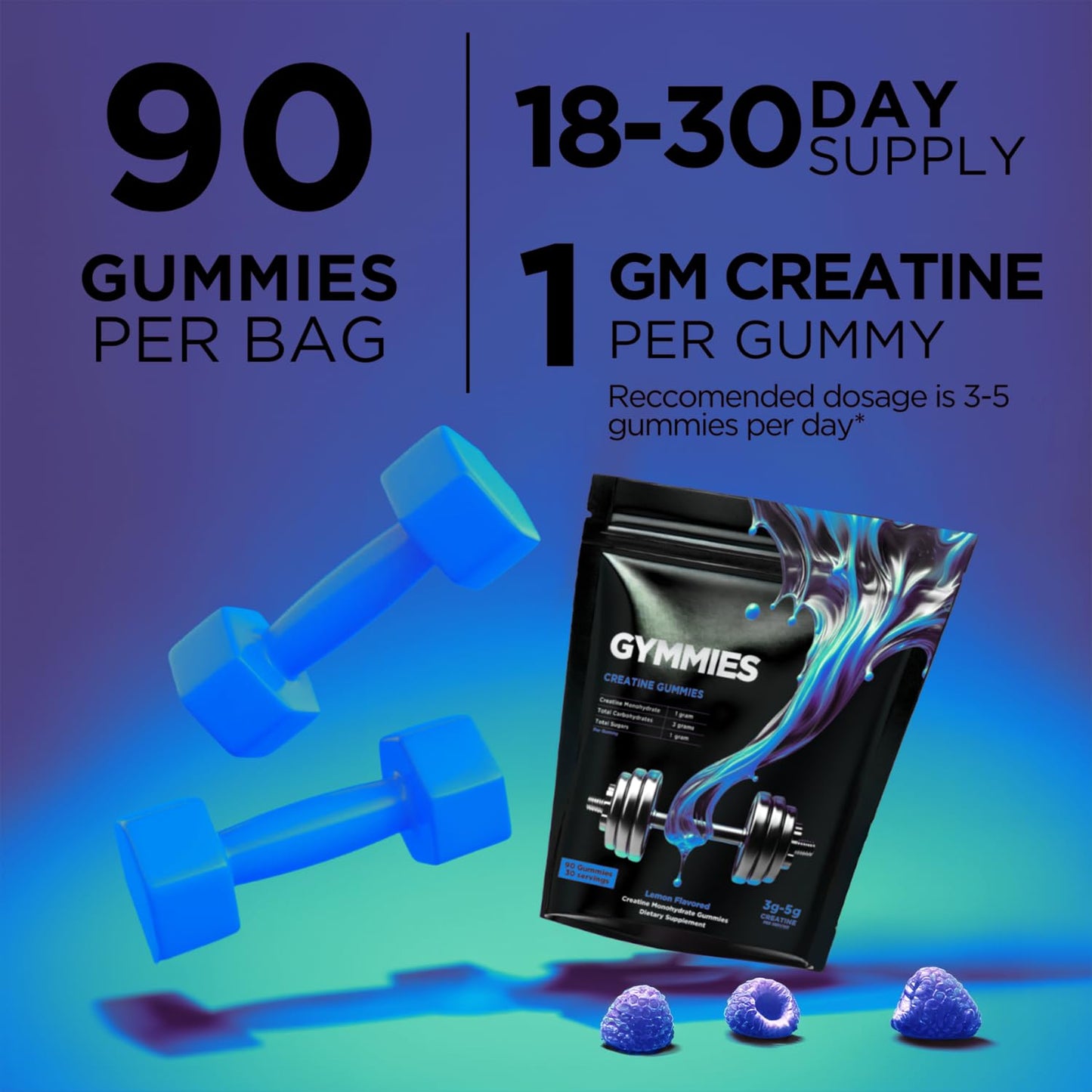 GYMMIES Creatine Monohydrate Gummies - Muscle Growth, Performance, Endurance - 5 Gram Creatine per Serving - Vegan, Non-GMO, Gluten-Free, Made in USA - 90ct (90 Count, Sour Blue Raspberry)